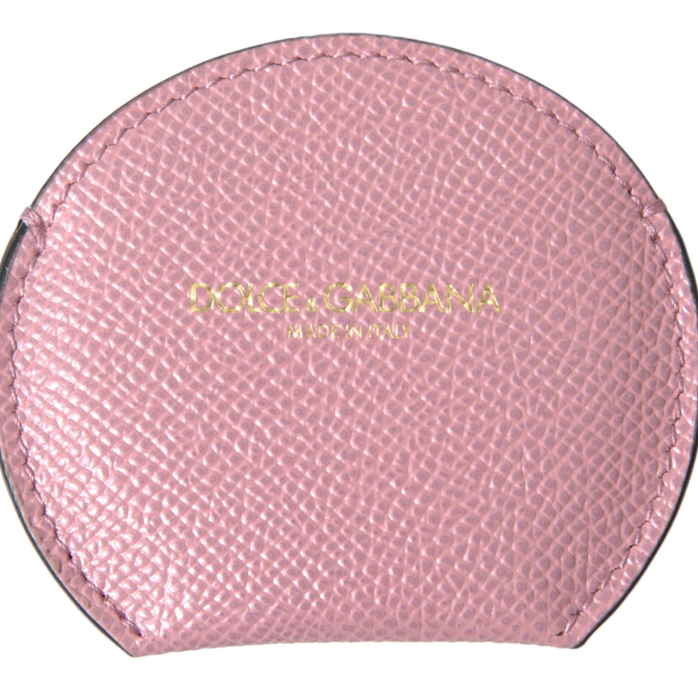 Dolce & Gabbana Pink Calfskin Leather Round Logo Print Hand Mirror Holder