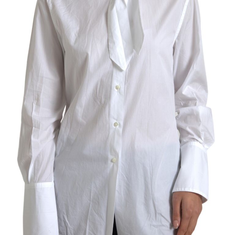Dolce & Gabbana White Cotton Ascot Collar Long Sleeves Top