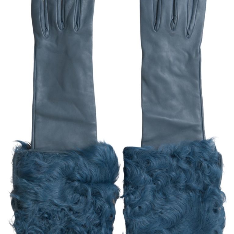 Dolce & Gabbana Blue Leather Fur Mid Arm Length Gloves