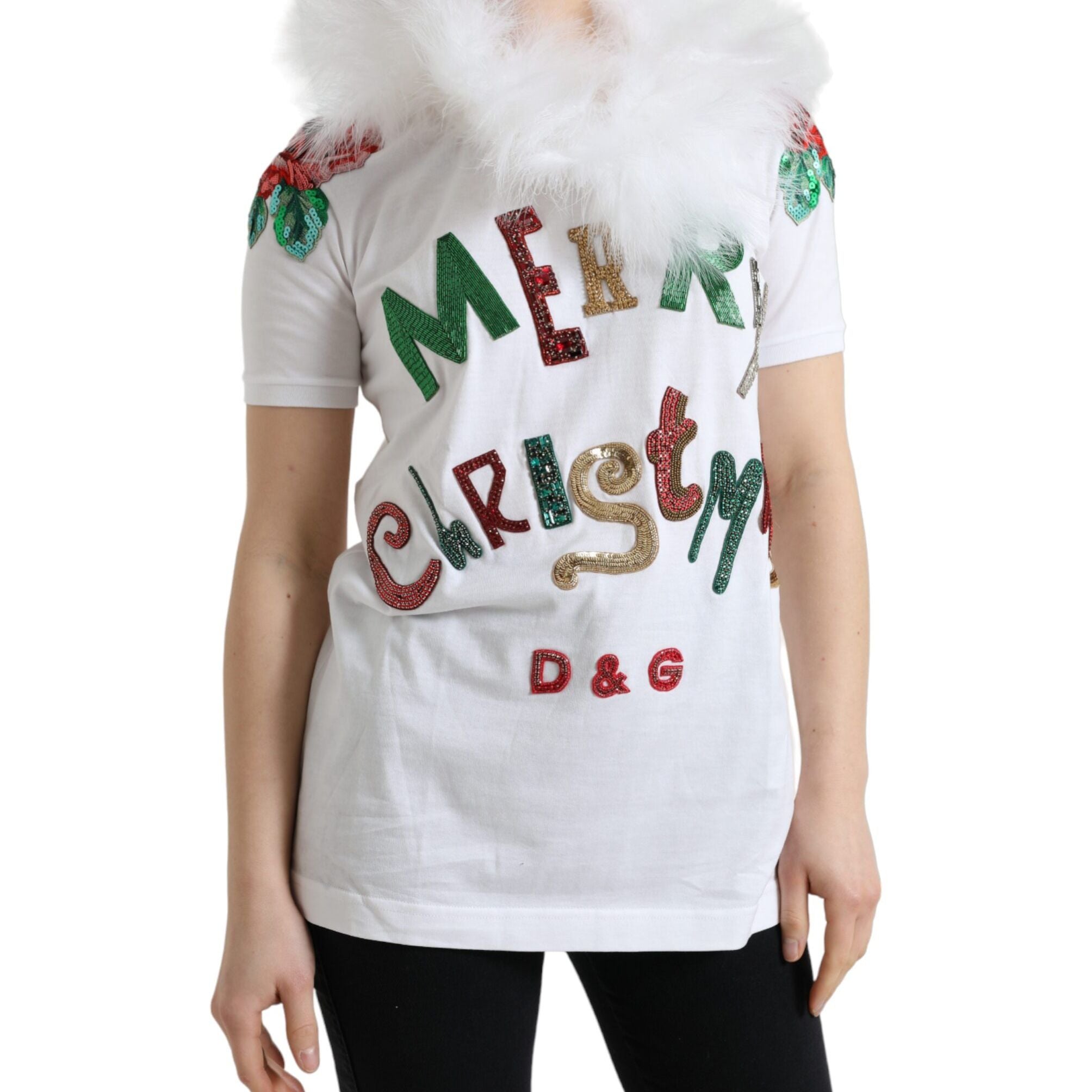 Dolce & Gabbana White Cotton Christmas Sequin Fur T-shirt