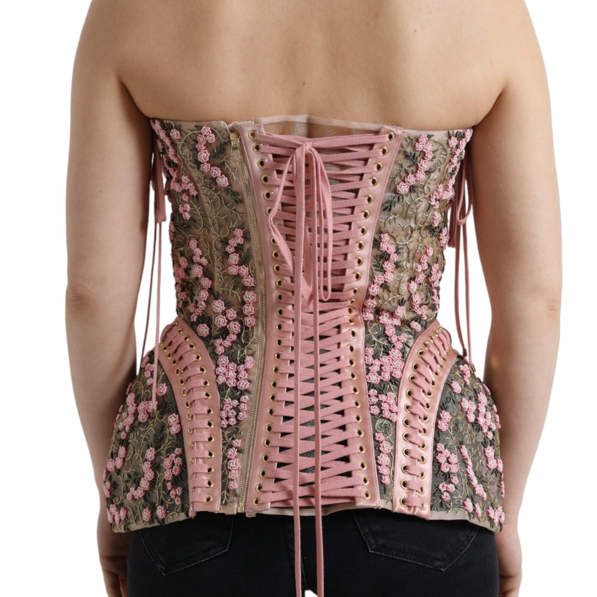 Dolce & Gabbana Pink Floral Applique Bustier Corset Top