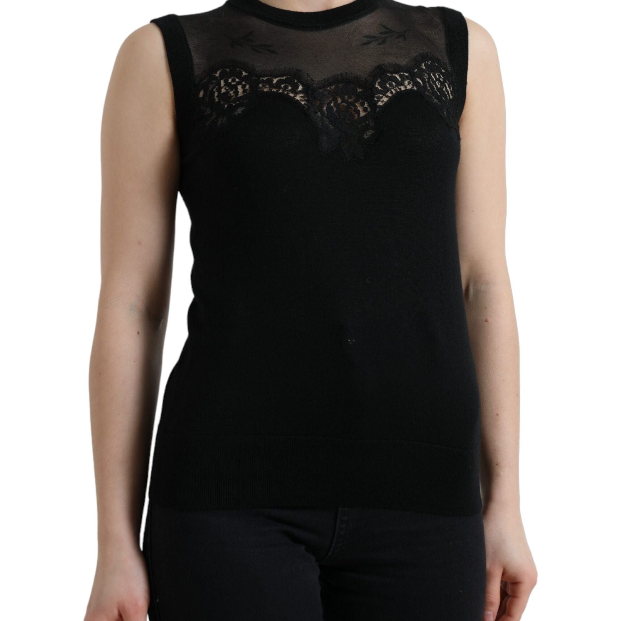 Dolce & Gabbana Black Cashmere Lace Trim Sleeveless Tank Top