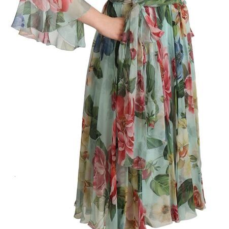 Dolce & Gabbana Multicolor Green Floral Silk Wrap Midi Dress