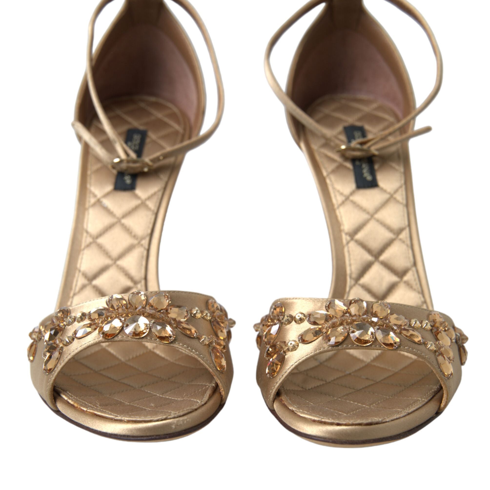 Dolce & Gabbana Gold Satin Ankle Strap Crystal Sandals Shoes