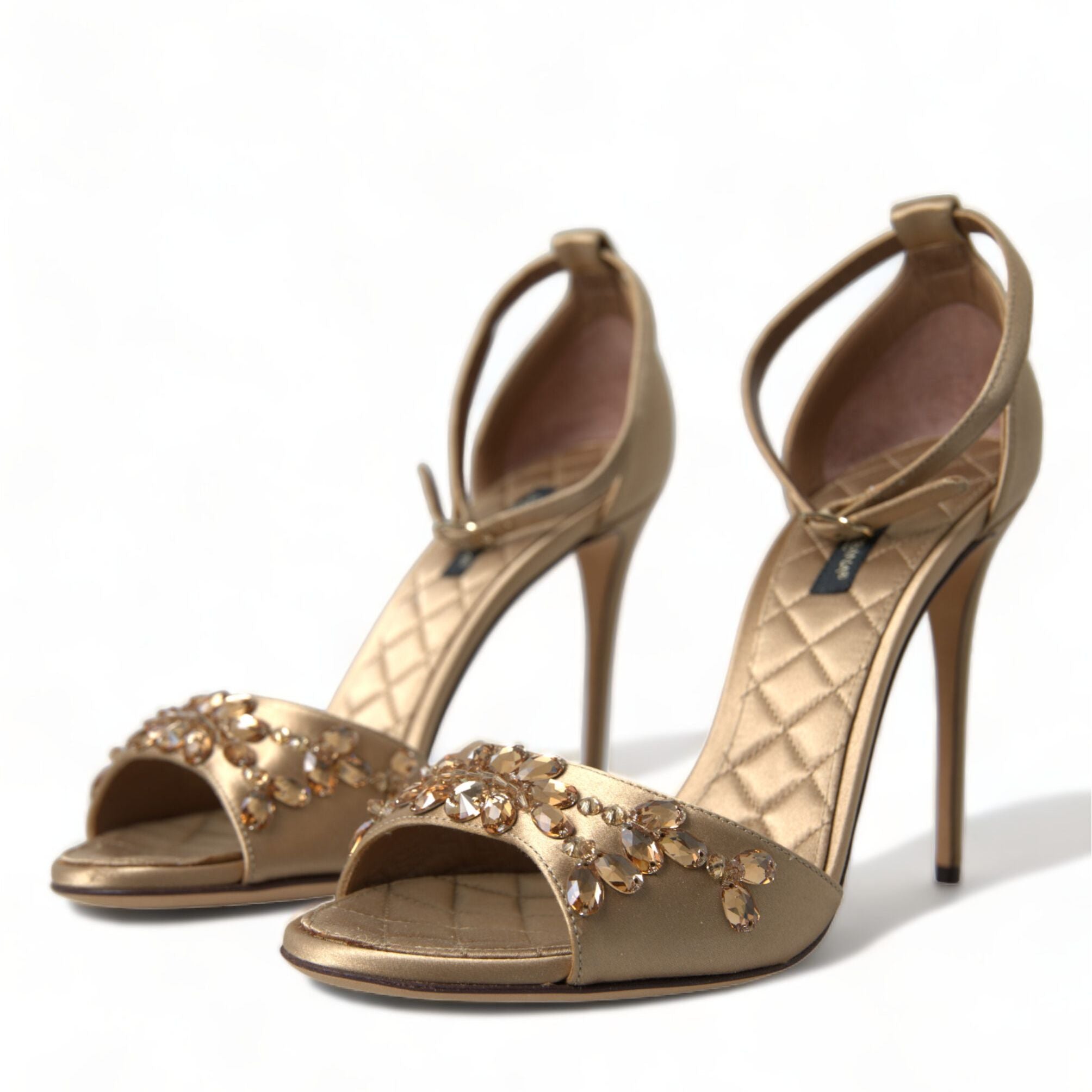 Dolce & Gabbana Gold Satin Ankle Strap Crystal Sandals Shoes