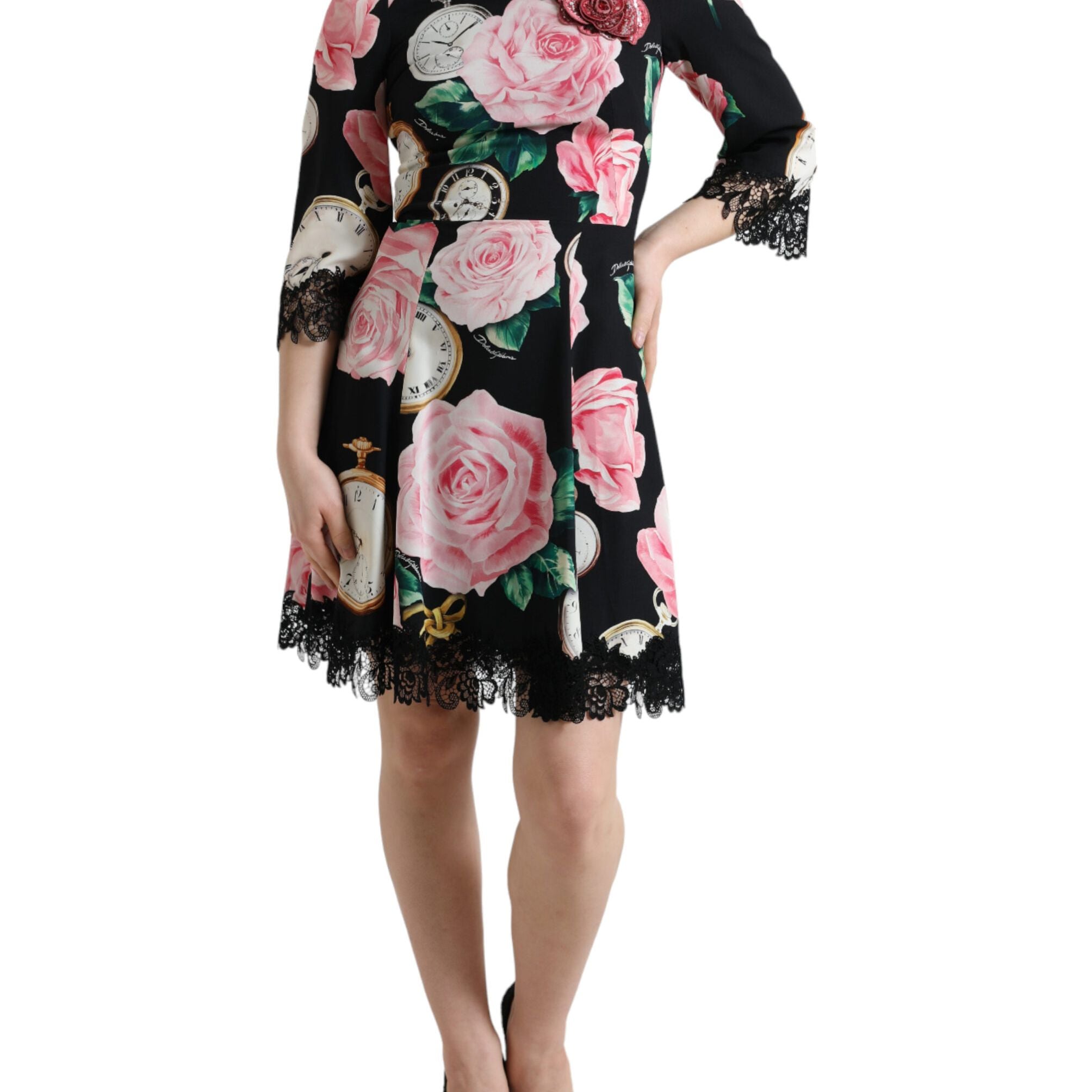 Dolce & Gabbana Black Floral Embellished Lace A-line Dress
