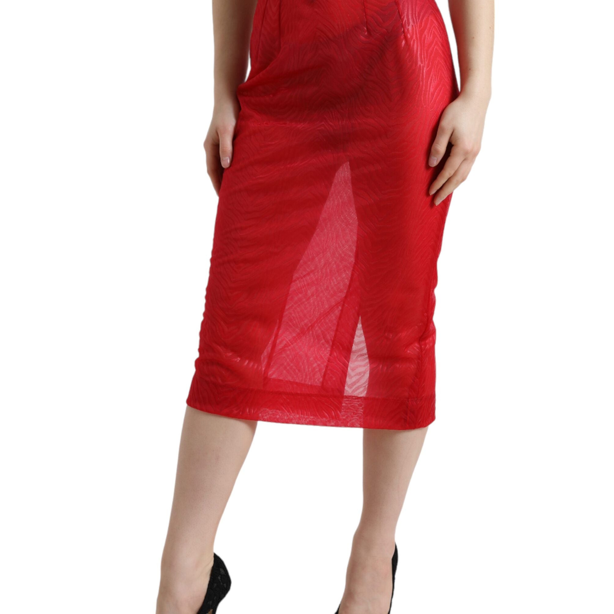 Dolce & Gabbana Red Sheer High Waist Pencil Cut Midi Skirt