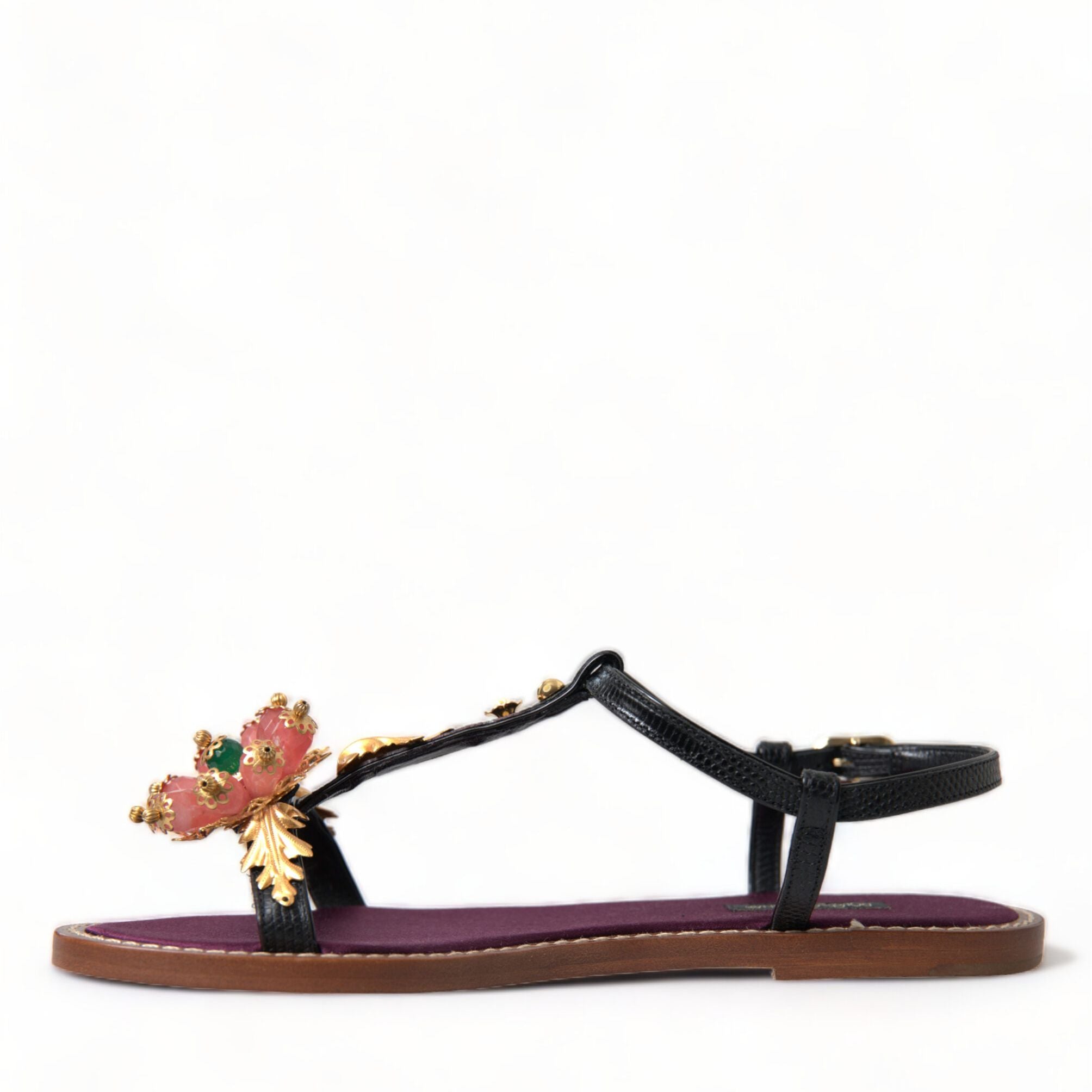 Dolce & Gabbana Black Crystal Gold Sandals Leather Shoes