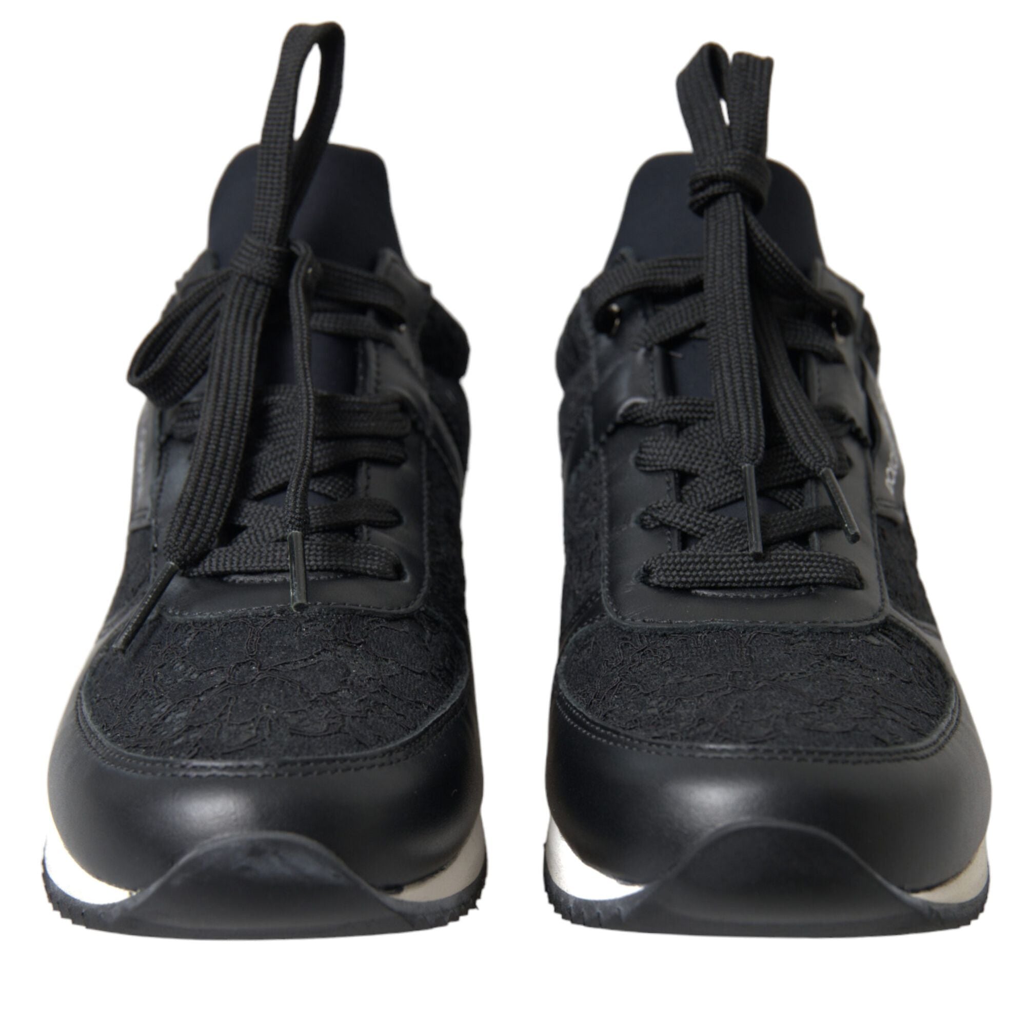 Dolce & Gabbana Black Floral Lace Leather Sneakers Shoes