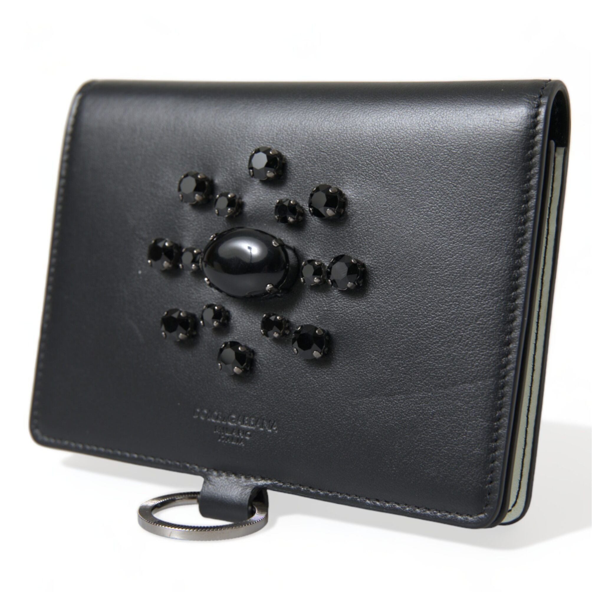 Dolce & Gabbana Black Leather Crystal Embellished Card Holder Wallet