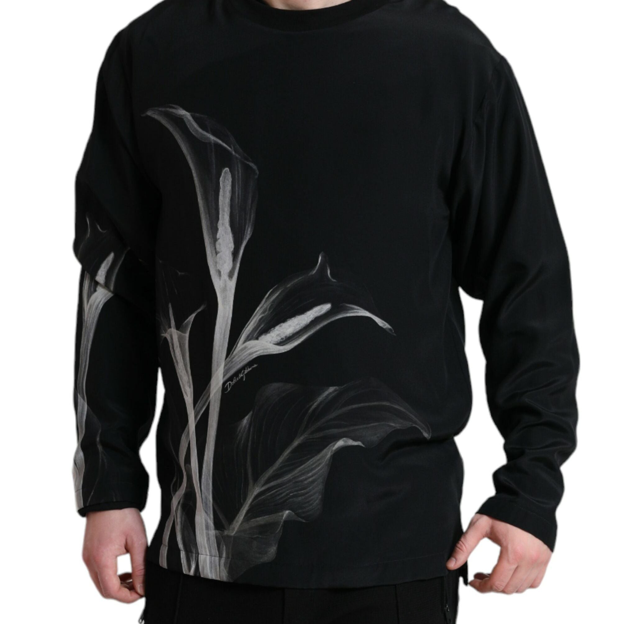 Dolce & Gabbana Black Floral Print Crewneck Pullover Sweater