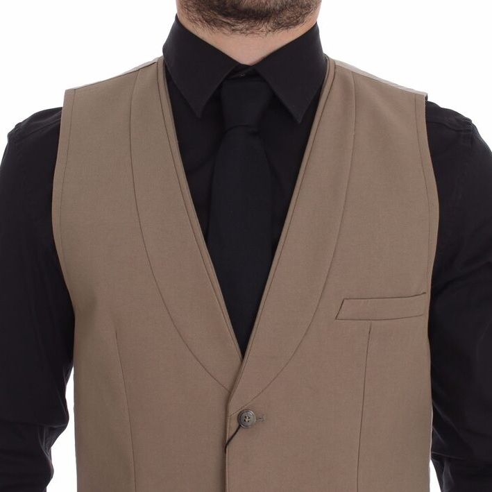 Dolce & Gabbana Beige Cotton Slim Fit Button Front Dress Vest