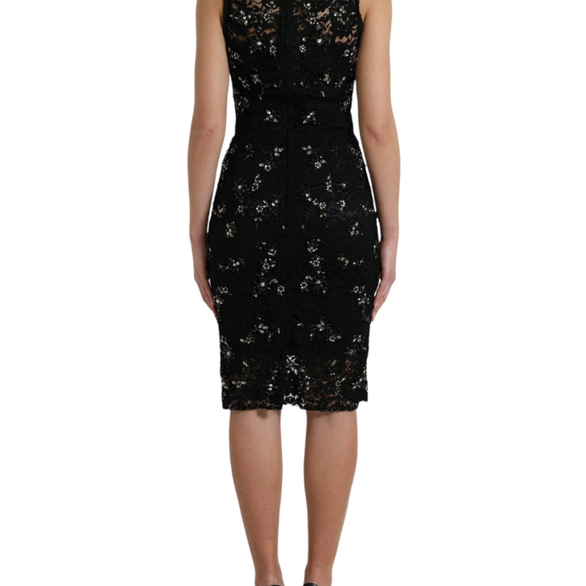 Dolce & Gabbana Black Floral Lace Crystal Sheath Dress