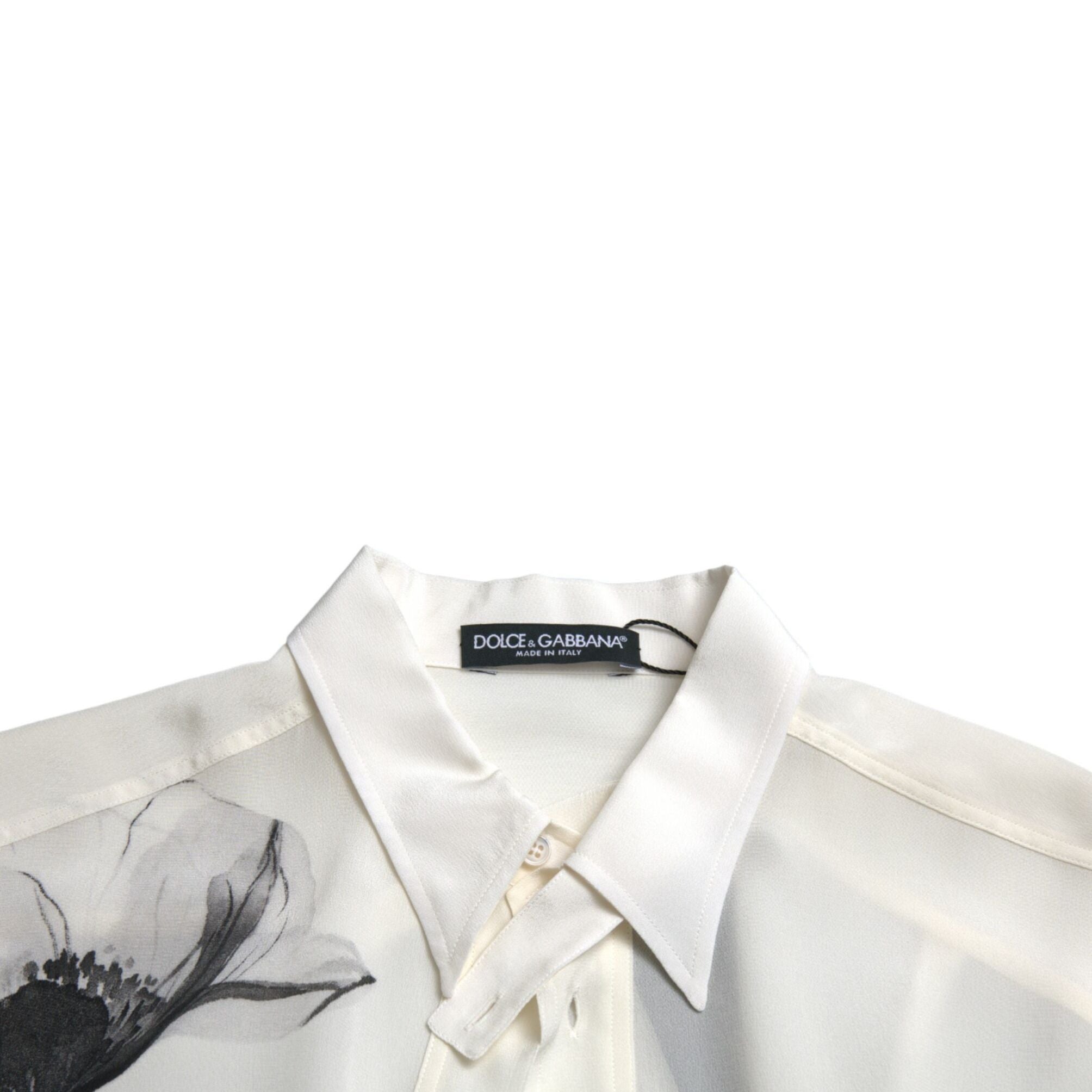 Dolce & Gabbana White Floral Collared Dress Silk Shirt