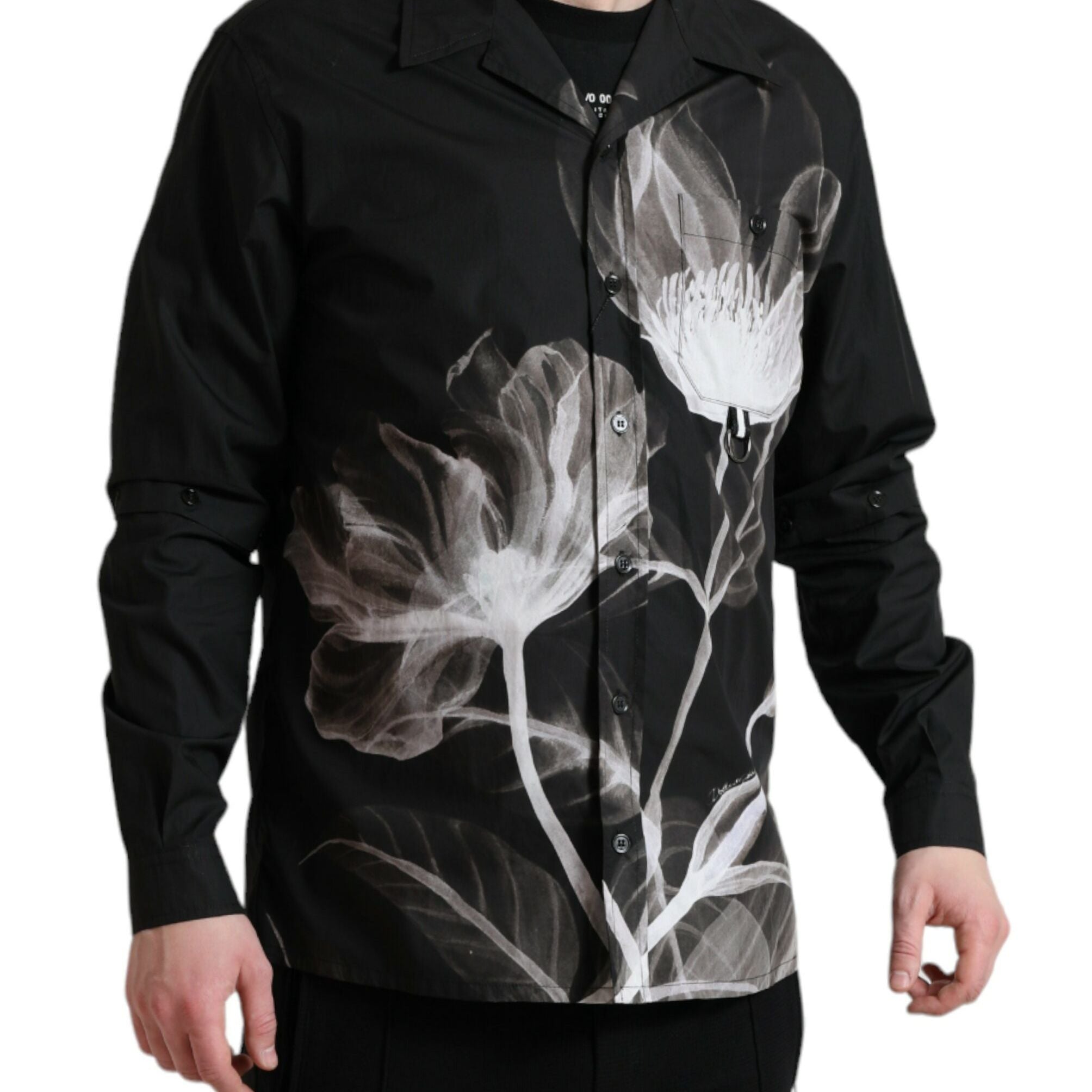 Dolce & Gabbana Black Floral Cotton Collared Long Sleeves Men Shirt