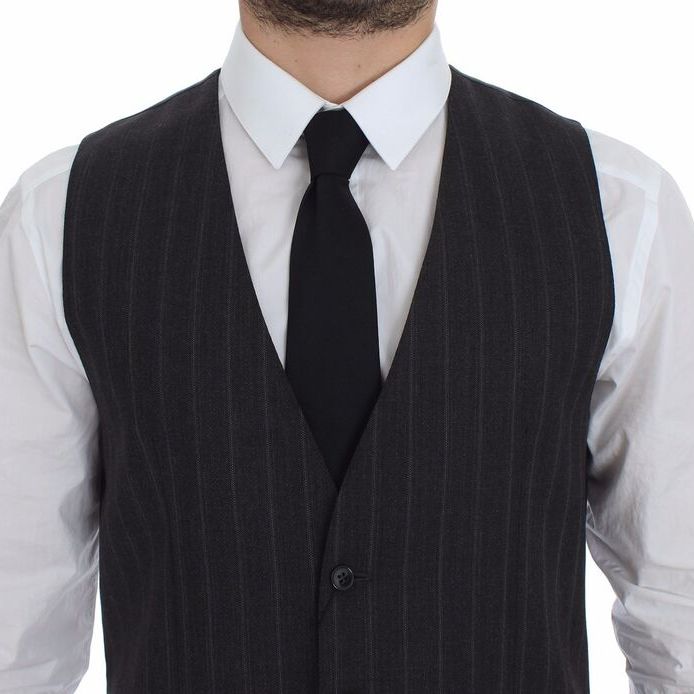 Dolce & Gabbana Gray Striped Wool Logo Vest Gilet Weste