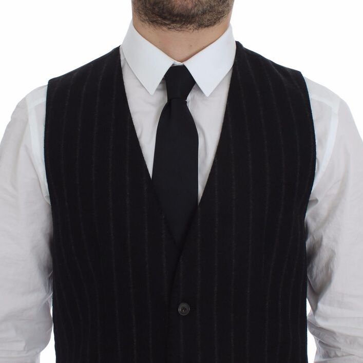 Dolce & Gabbana Black Striped Wool Logo Vest Gilet Weste