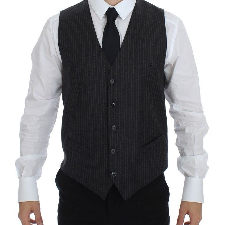 Dolce & Gabbana Gray Striped Wool Single Breasted Vest