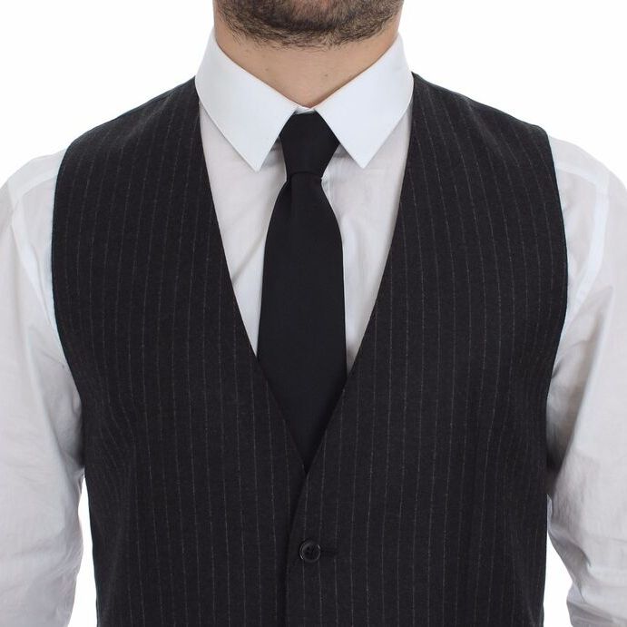 Dolce & Gabbana Gray Striped Wool Logo Vest Gilet Vests