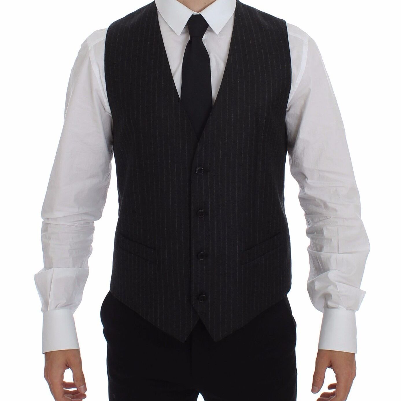 Dolce & Gabbana Gray Striped Wool Logo Vest Gilet Vests