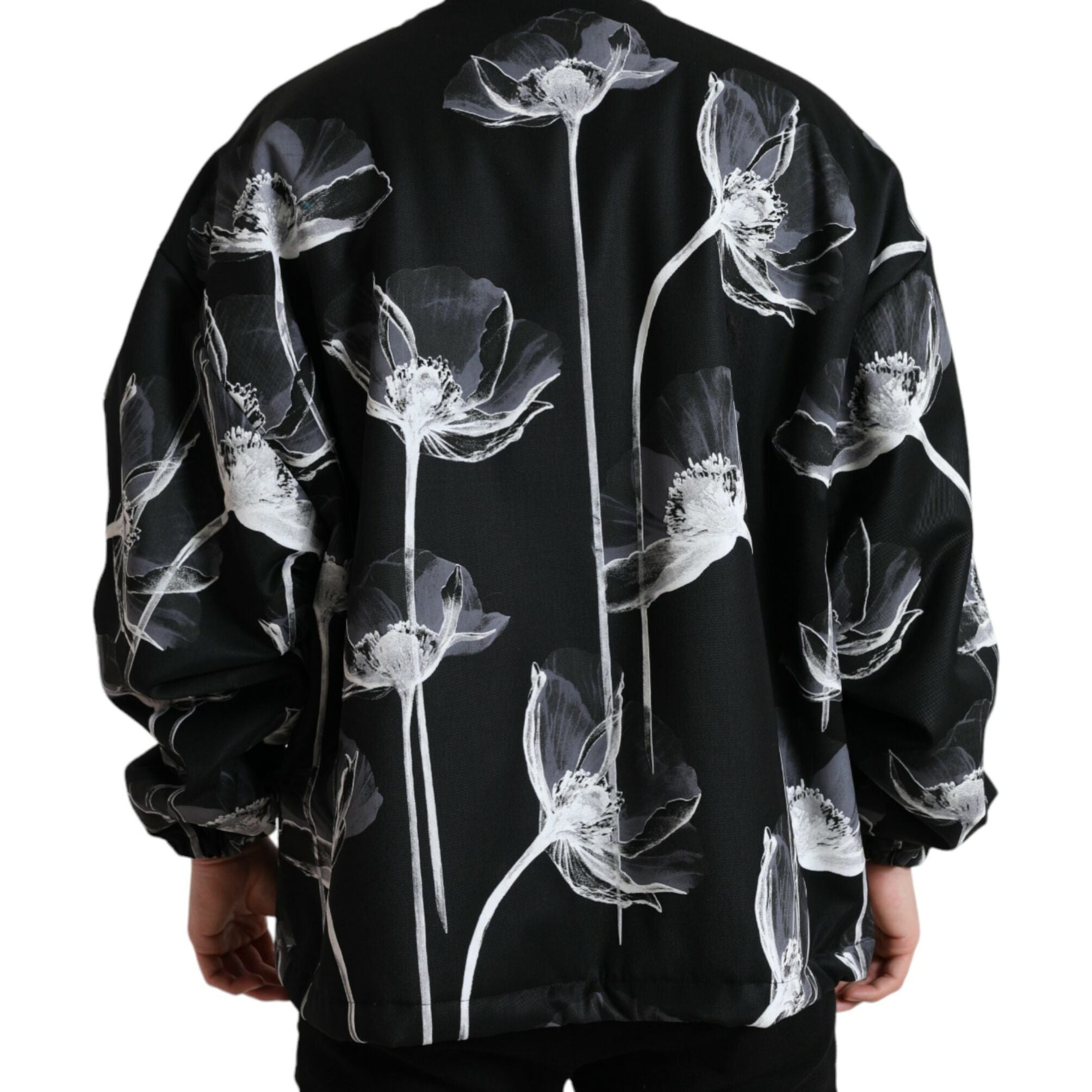 Dolce & Gabbana Black Floral Print Wool Button Down Bomber Jacket