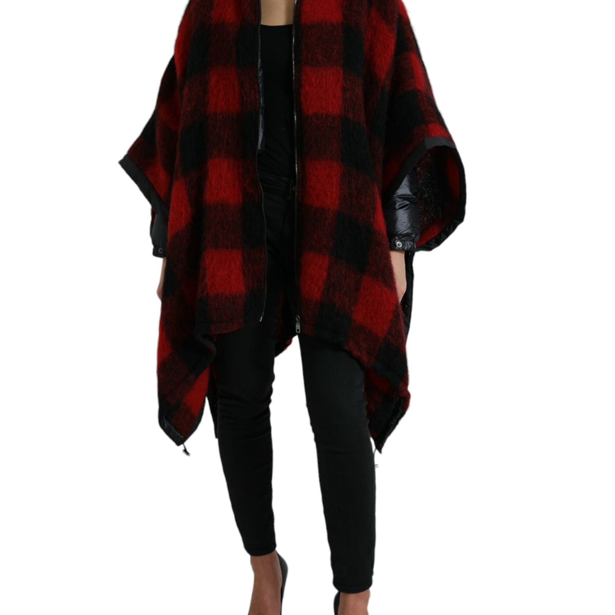 Dolce & Gabbana Black Red Buffalo Check Hooded Poncho Jacket