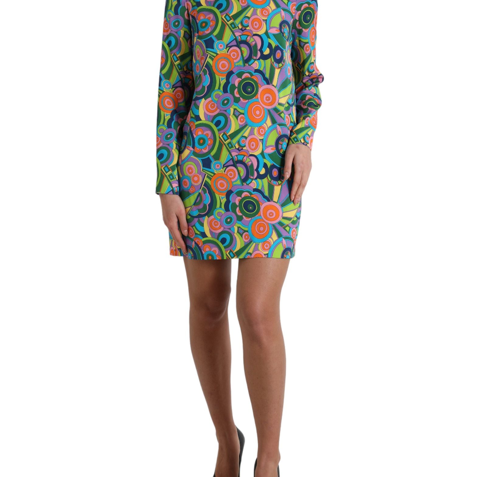 Dolce & Gabbana Multicolor Geometric Print Silk Crystals Midi Dress