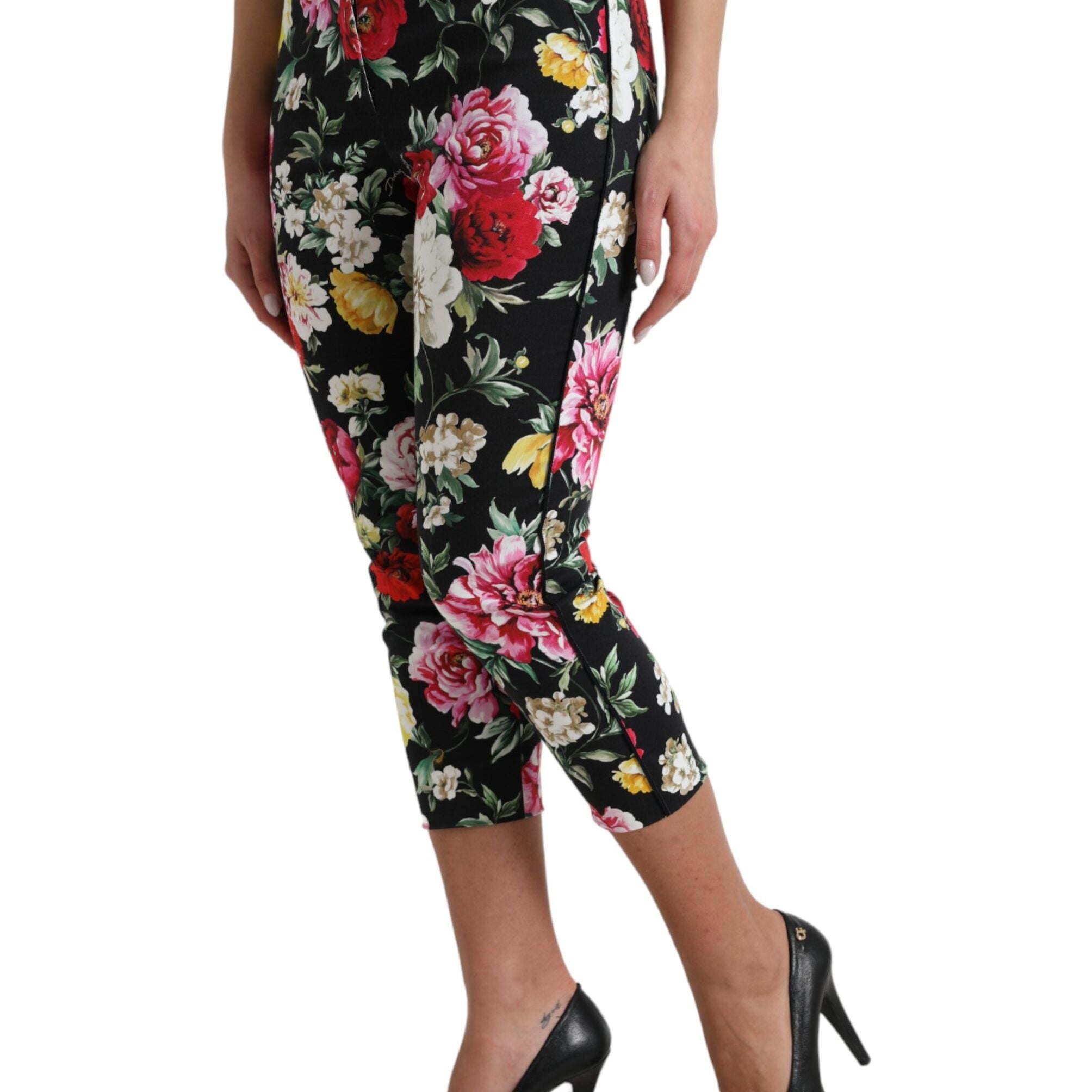 Dolce & Gabbana Black Floral Print Mid Waist Cropped Pants