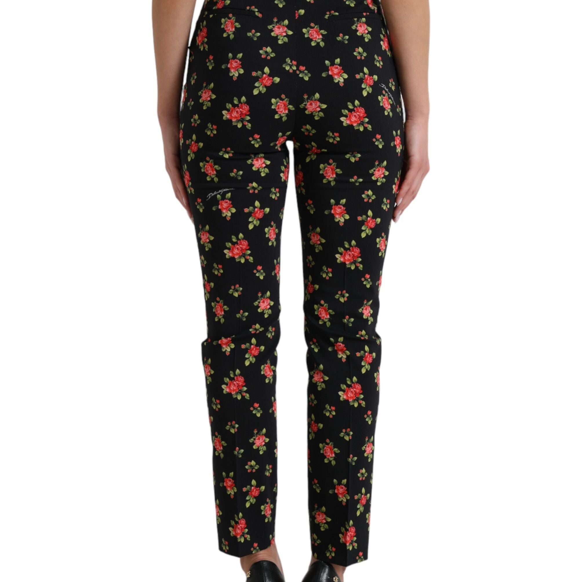 Dolce & Gabbana Black Floral Wool High Waist Tapered Pants