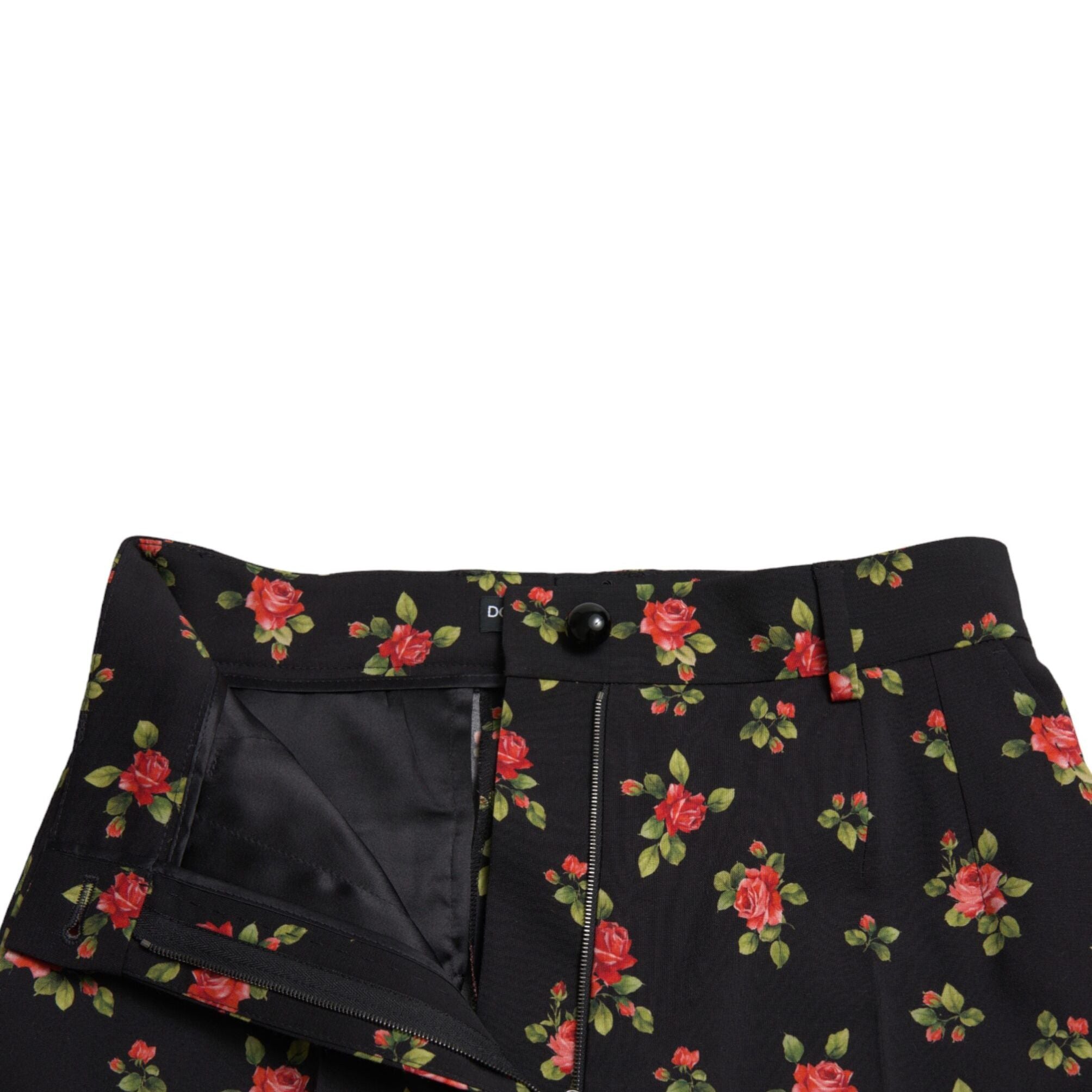 Dolce & Gabbana Black Floral Wool High Waist Tapered Pants