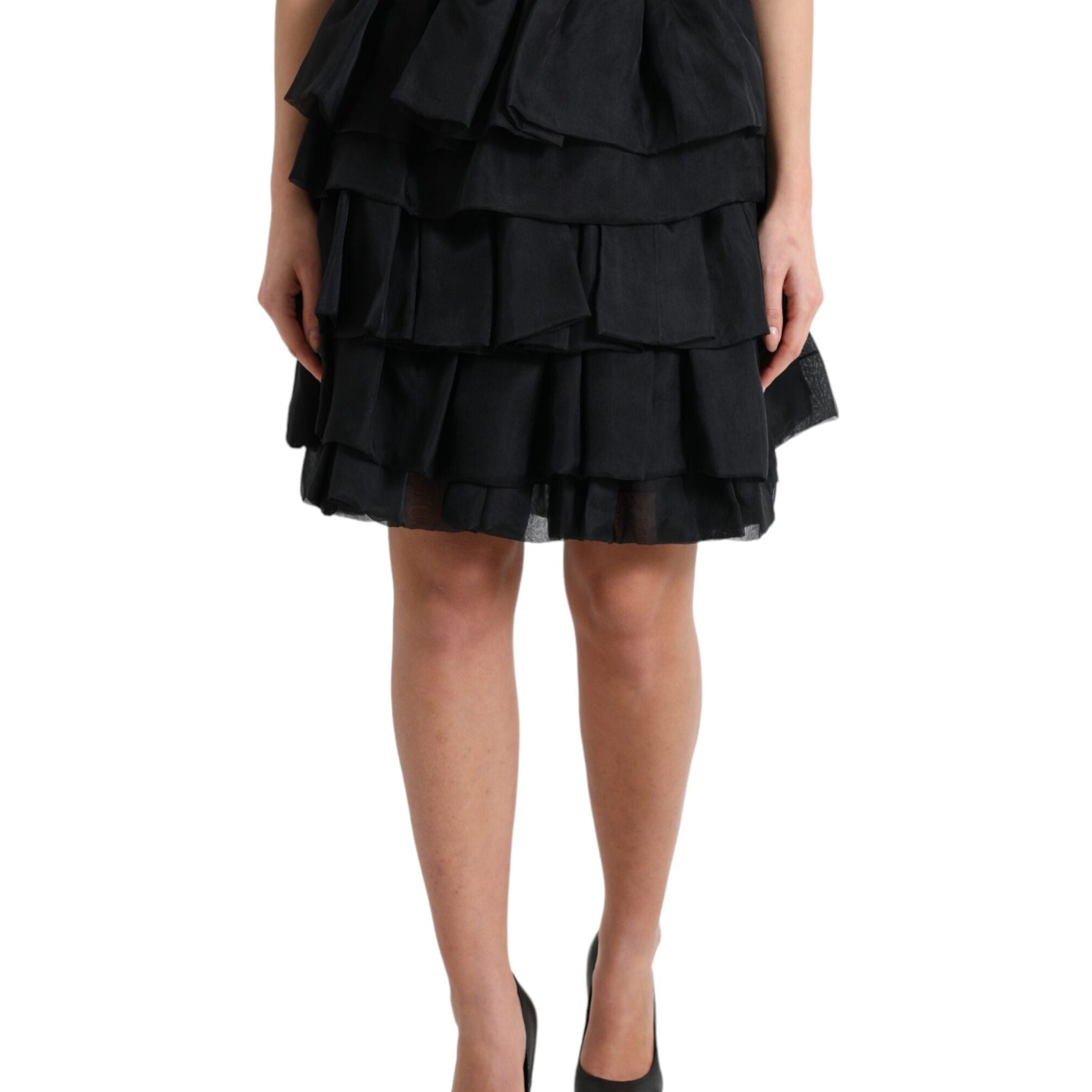 Dolce & Gabbana Black Tiered Aline High Waist Silk Mini Skirt