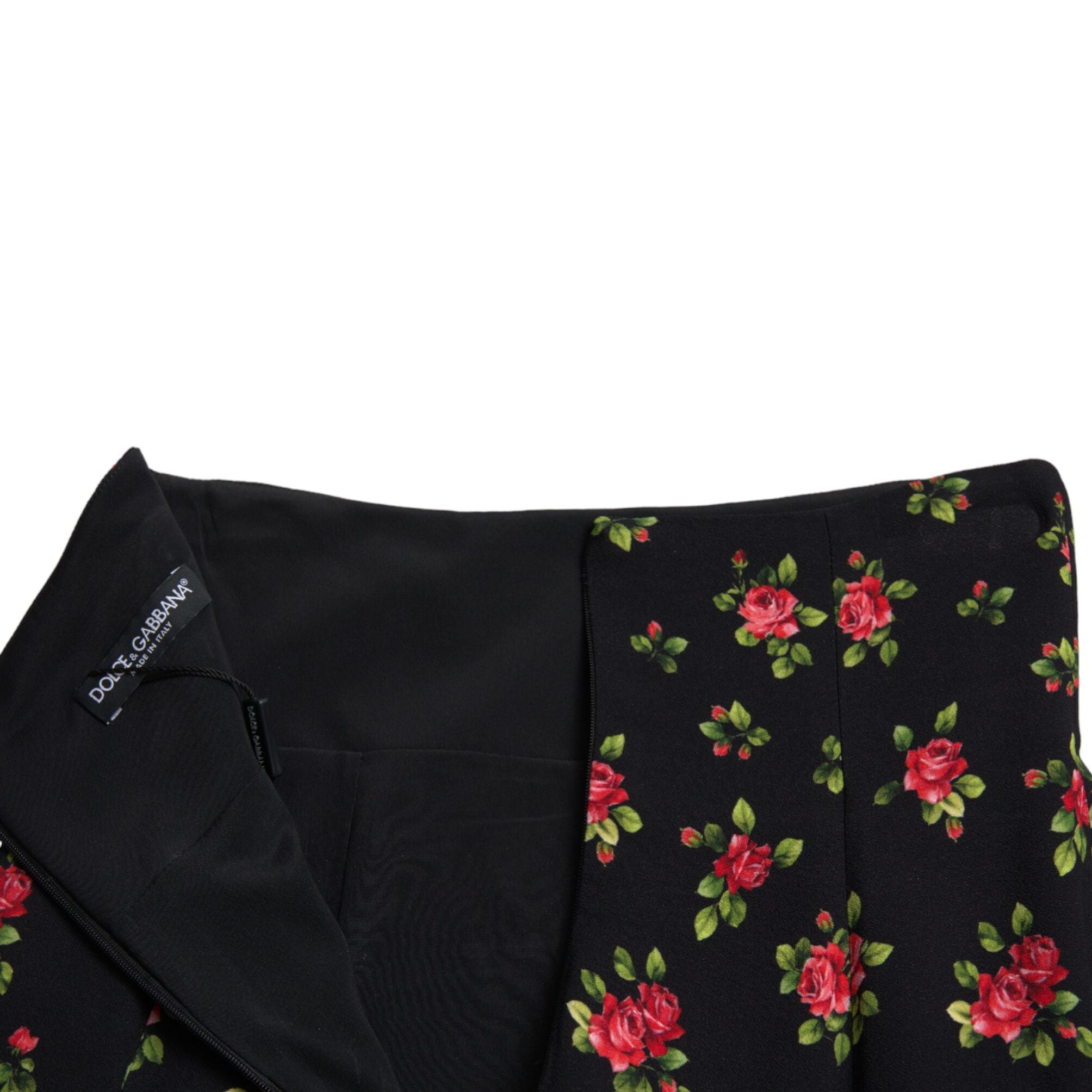 Dolce & Gabbana Black Rose Print High Waist A-line Mini Skirt