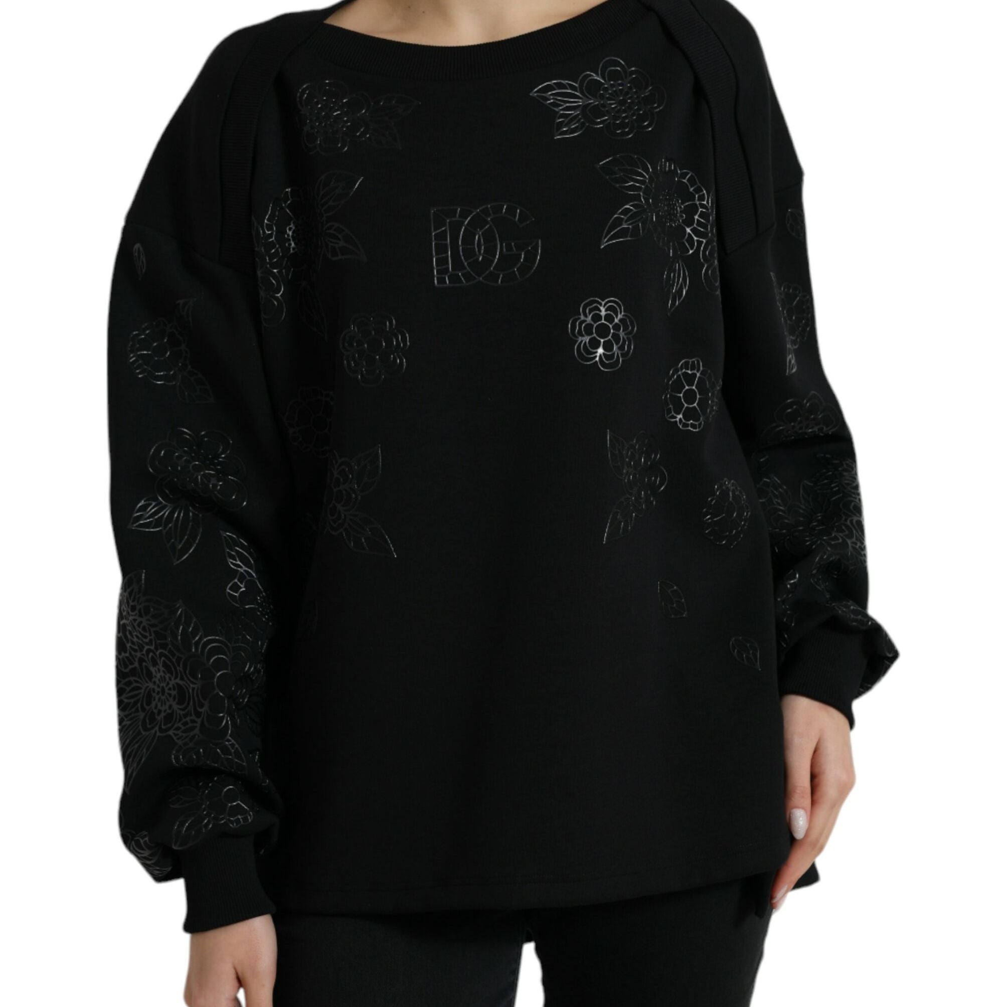 Dolce & Gabbana Black Pullover Floral Logo Applique Sweater