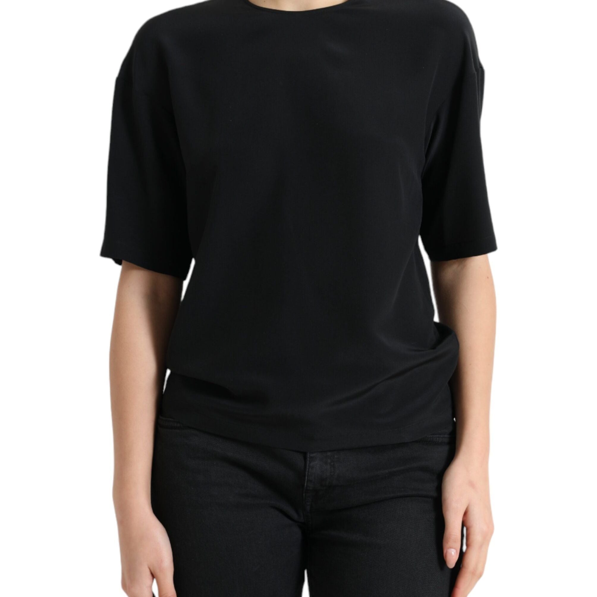 Dolce & Gabbana Black Silk Round Neck Short Sleeve Blouse Top