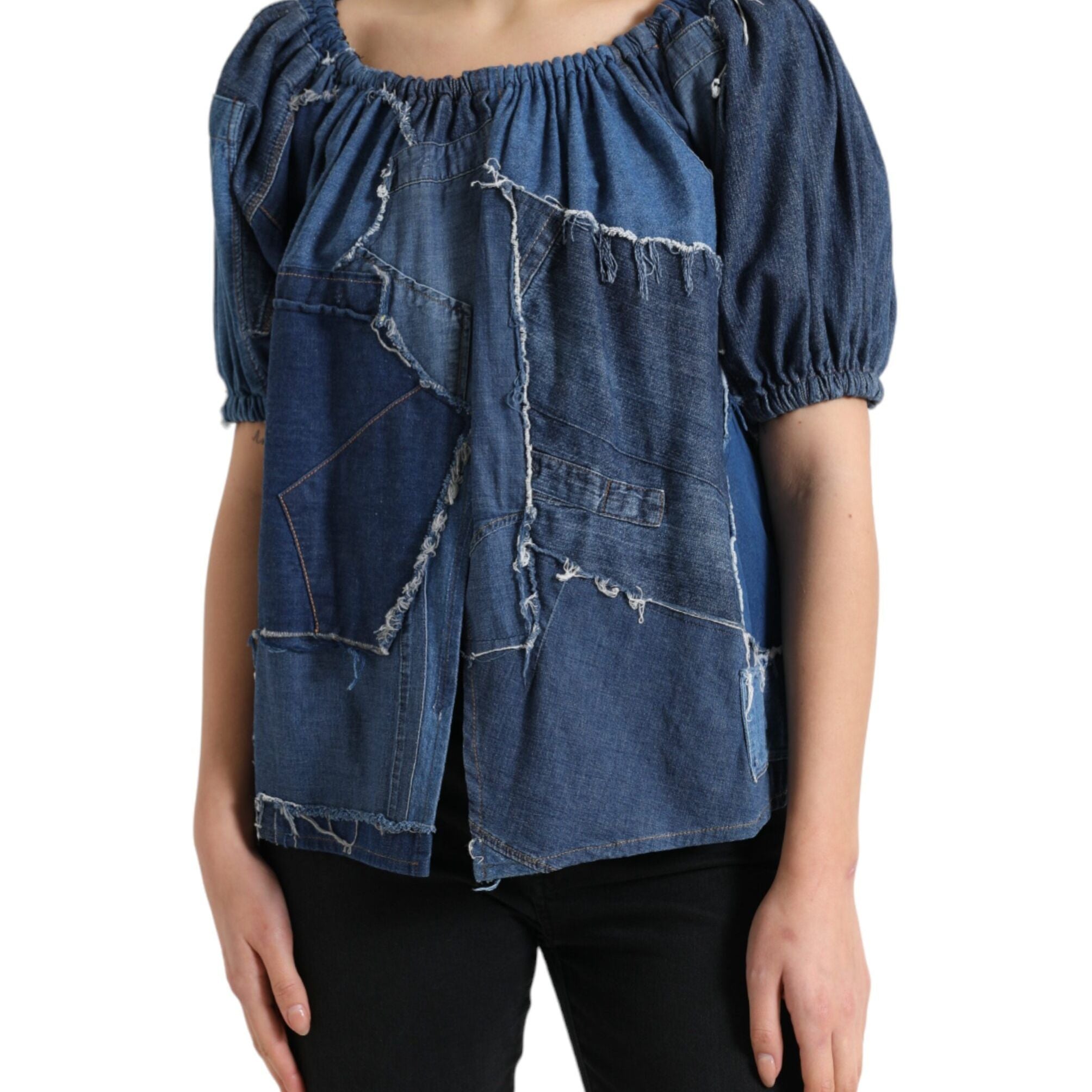 Dolce & Gabbana Blue Patchwork Short Sleeves Denim Blouse Top
