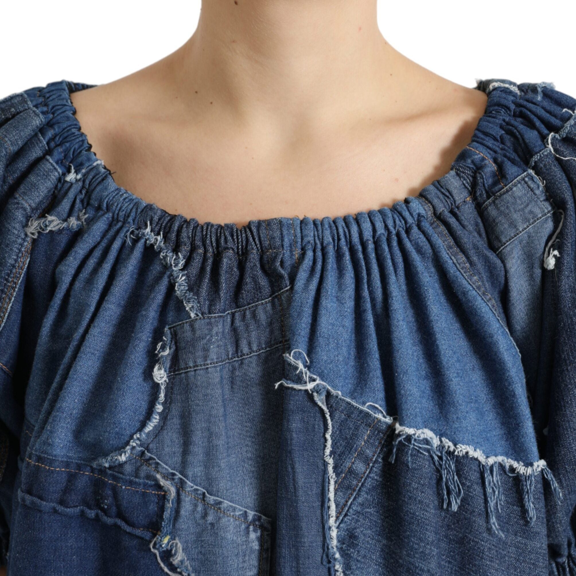 Dolce & Gabbana Blue Patchwork Short Sleeves Denim Blouse Top