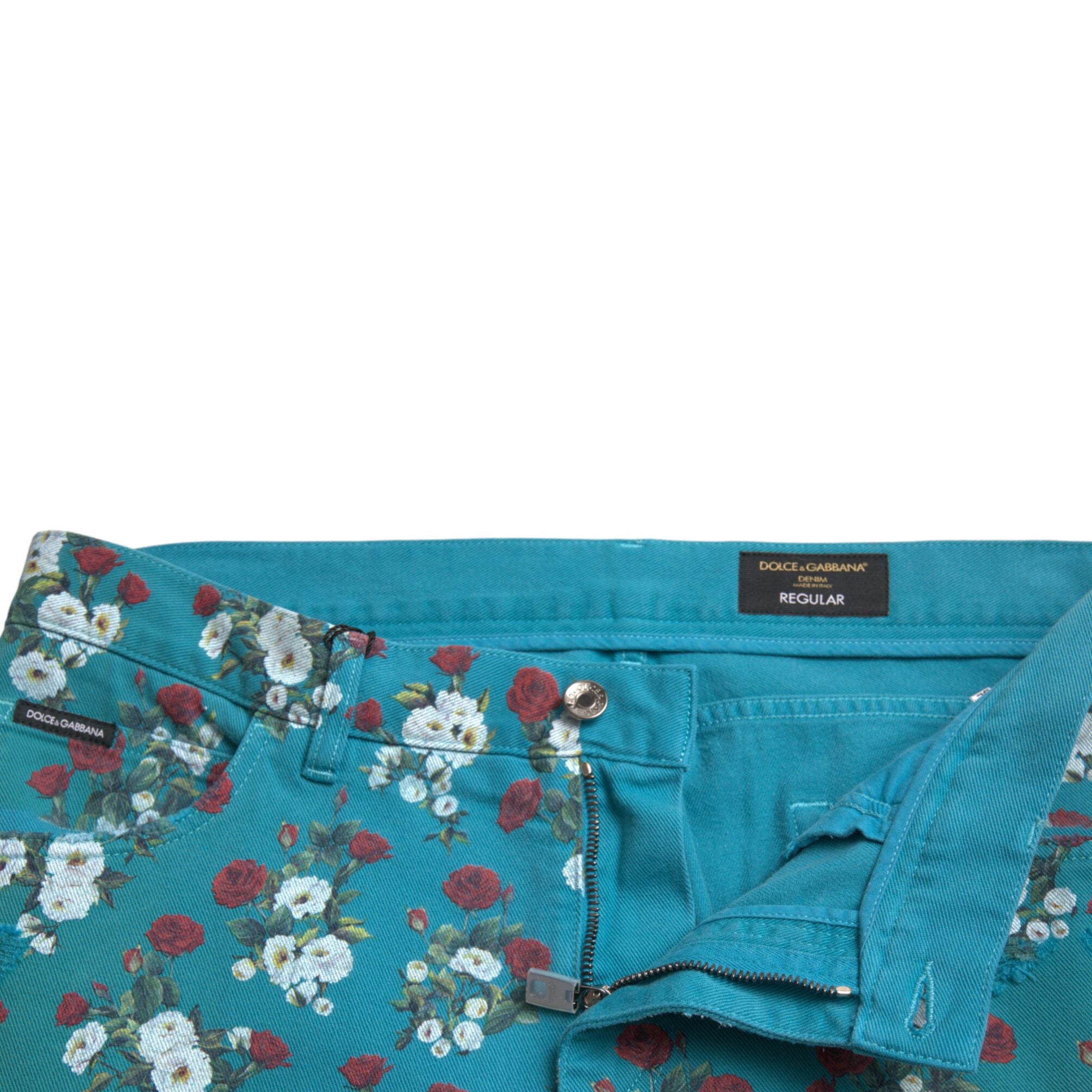 Dolce & Gabbana Blue Floral Print Skinny Cotton Denim Pants