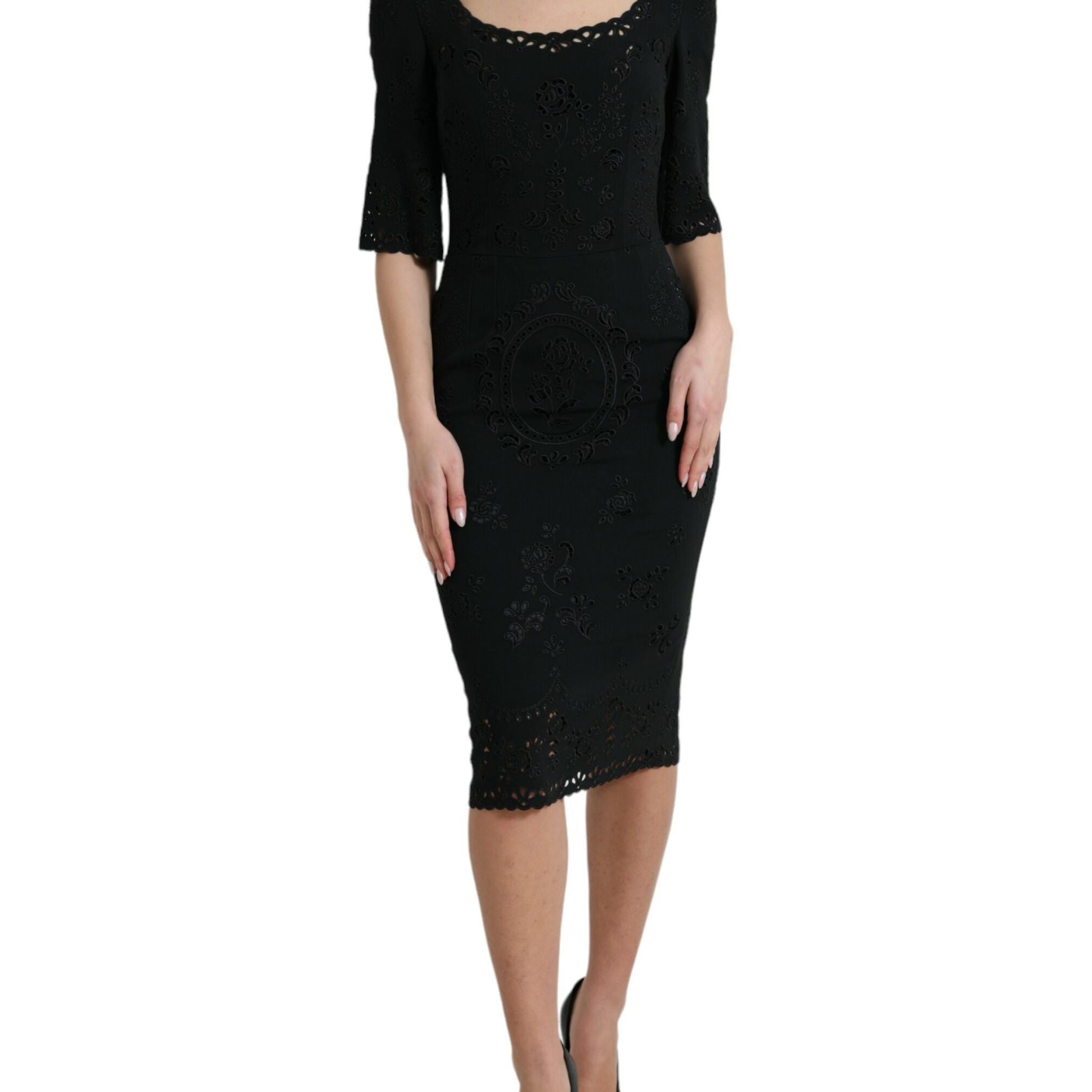 Dolce & Gabbana Black Floral Lace Viscose Bodycon Midi Dress