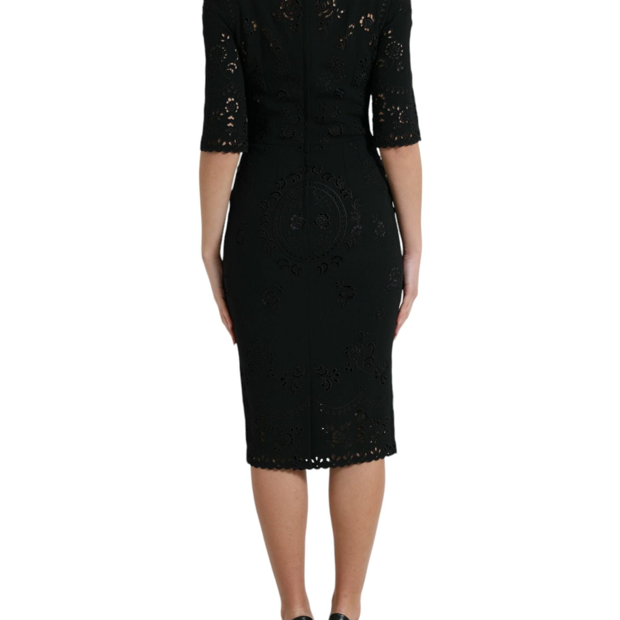 Dolce & Gabbana Black Floral Lace Viscose Bodycon Midi Dress
