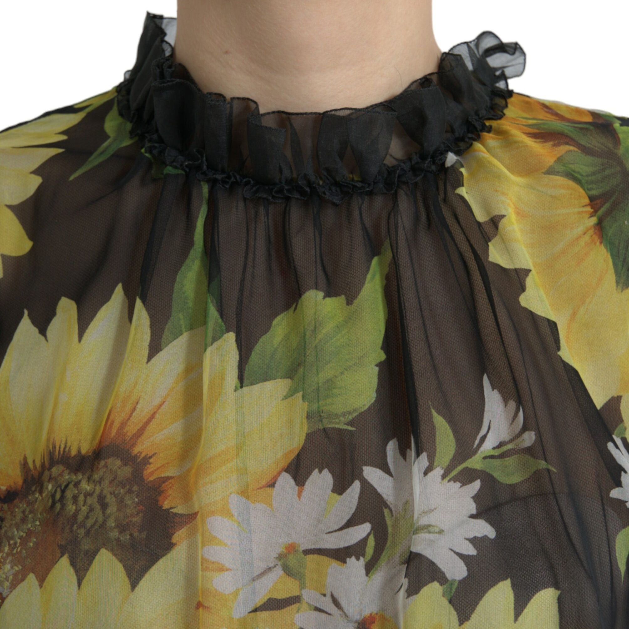 Dolce & Gabbana Black Sunflower A-line Pleated Maxi Dress