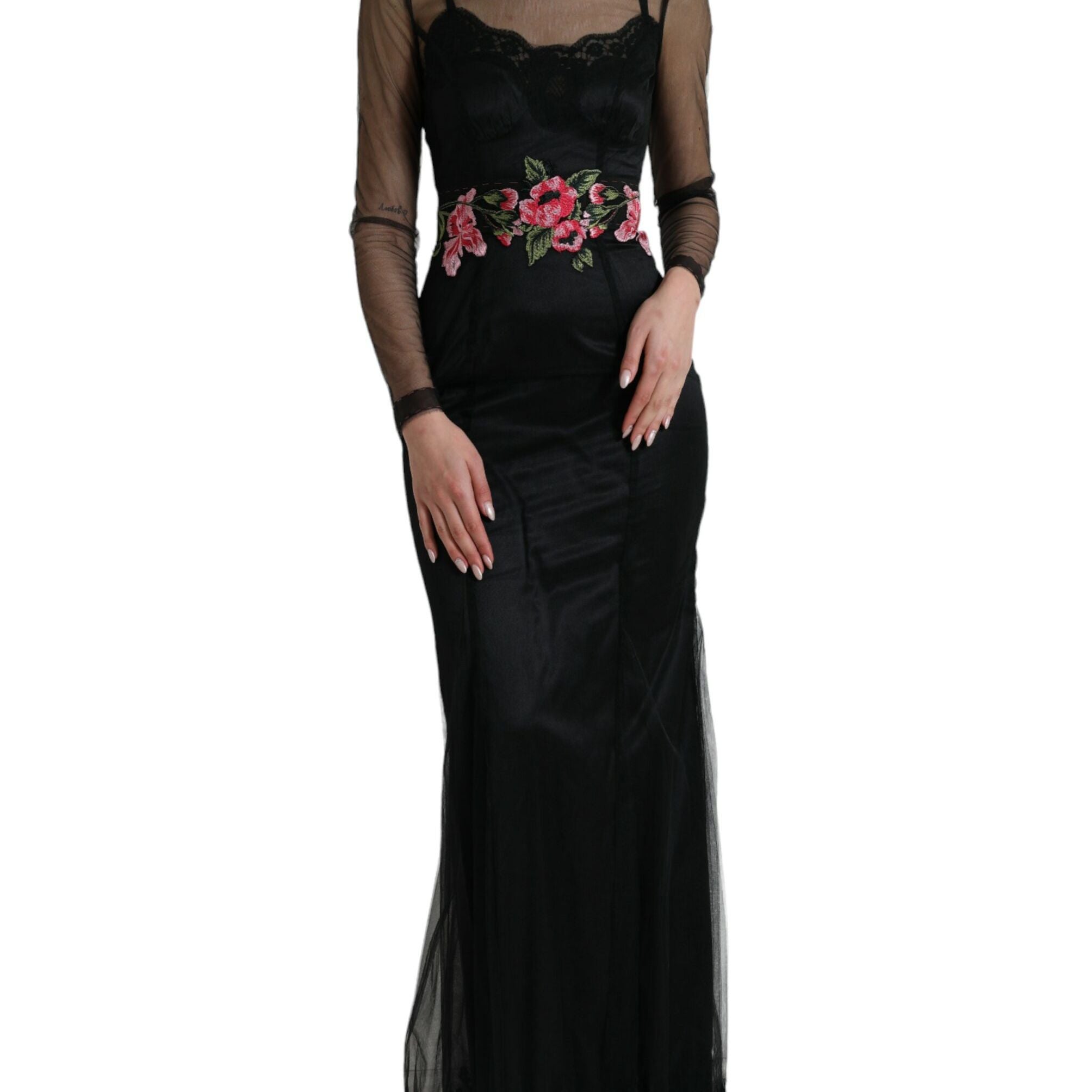 Dolce & Gabbana Black Floral Embroidery Mesh Tulle Gown Dress