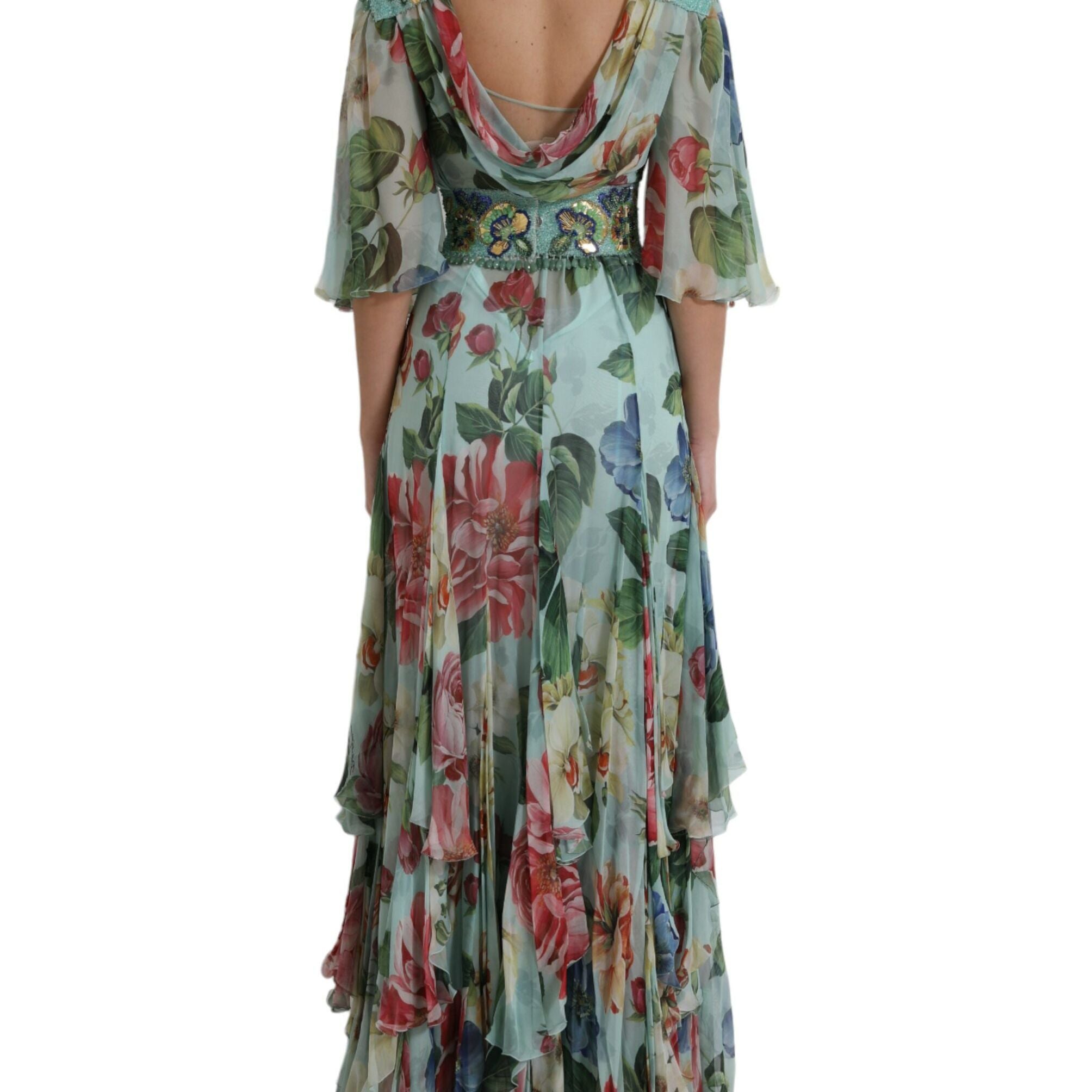 Dolce & Gabbana Blue Floral Print Tiered Long Maxi Dress