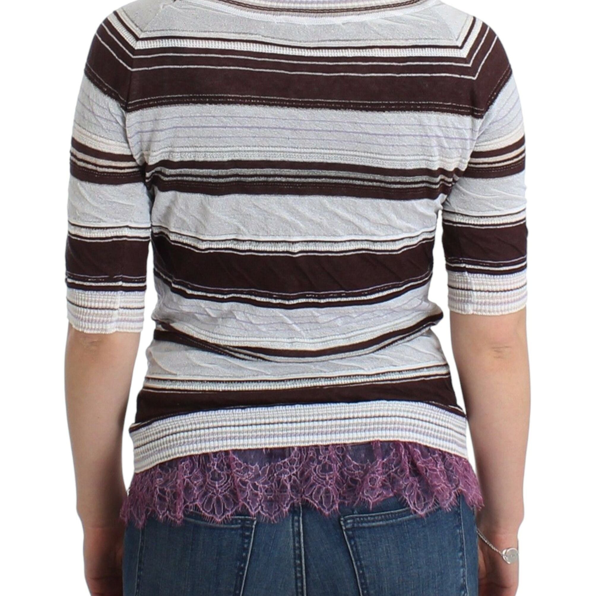 Ermanno Scervino Striped Lace V-Neck Short Sleeve Top Sweater