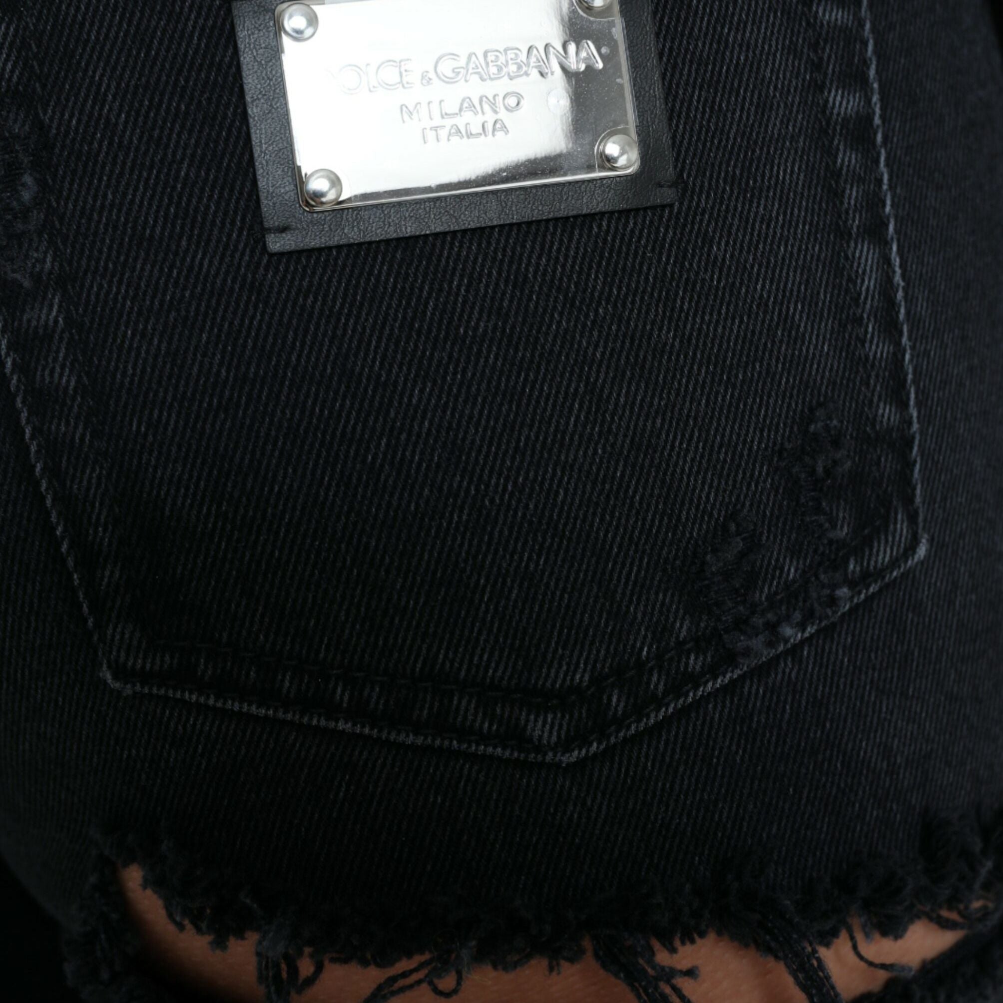 Dolce & Gabbana Black Cotton High Waist Tattered Denim Jeans