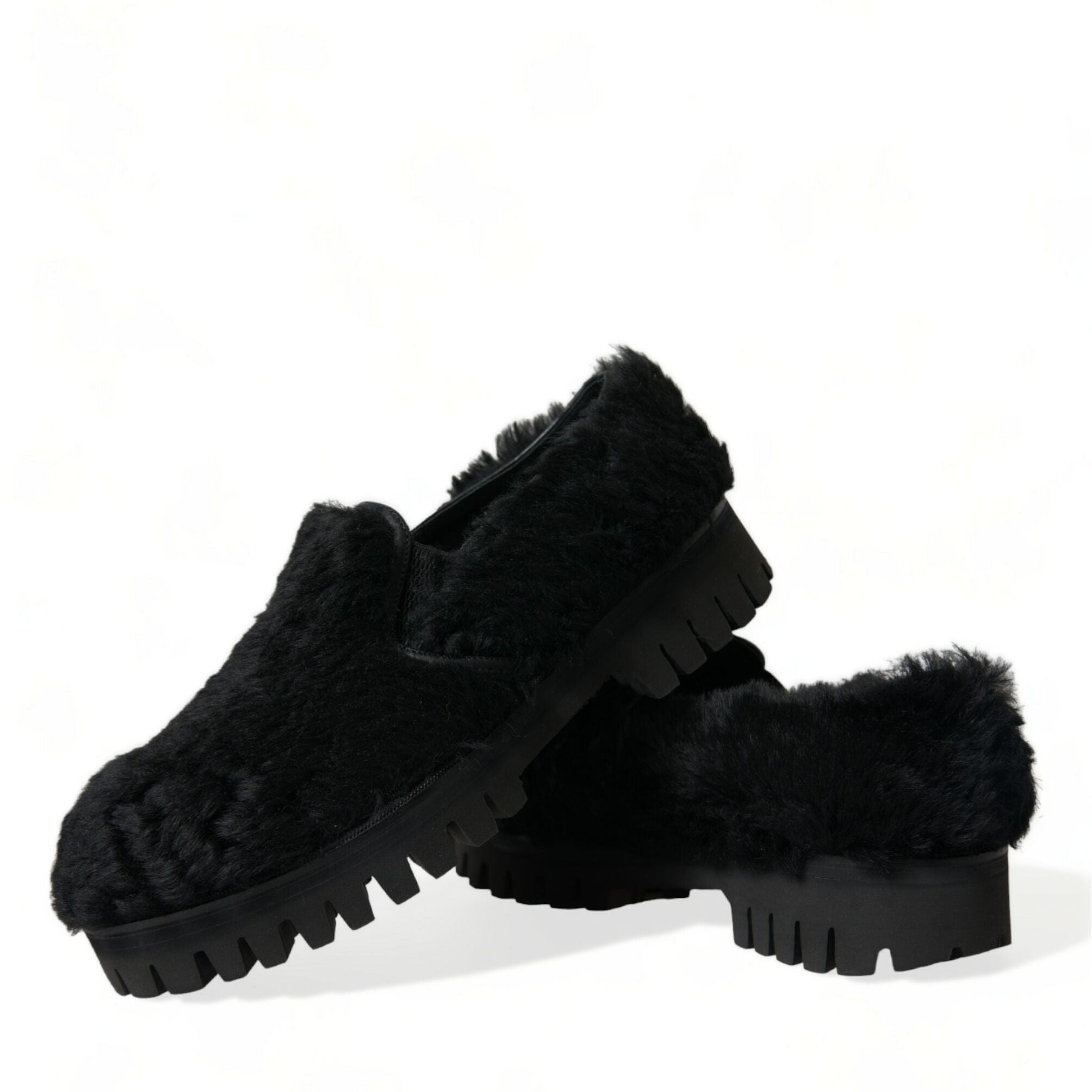 Dolce & Gabbana Black Fur Leather Slippers Dress Shoes