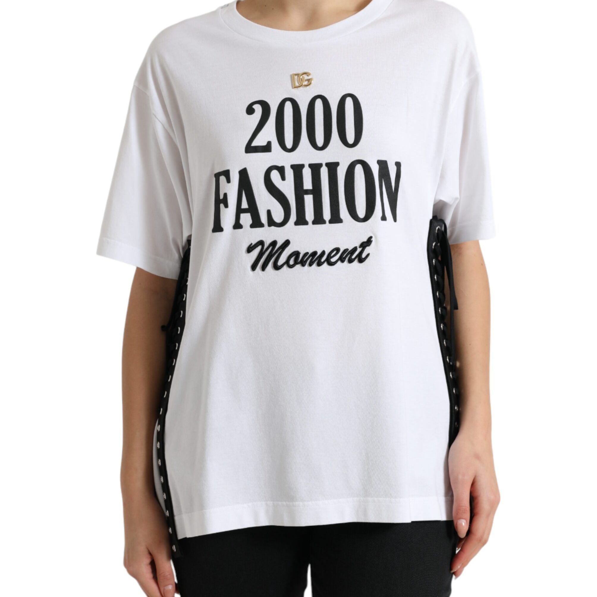 Dolce & Gabbana White Slogan Print Lacing Detailed T-shirt