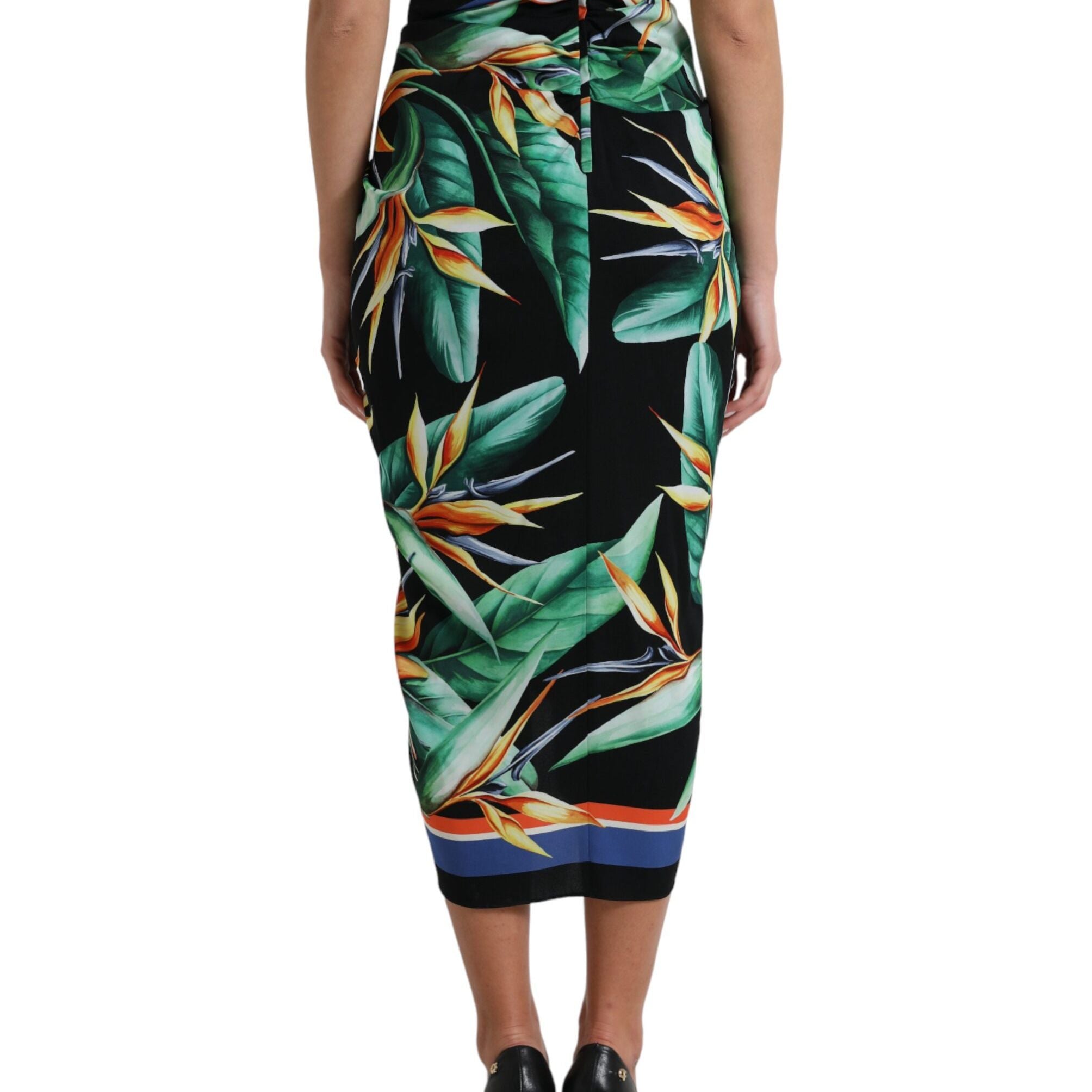 Dolce & Gabbana Black Strelitzia High Waist Wrap Midi Skirt