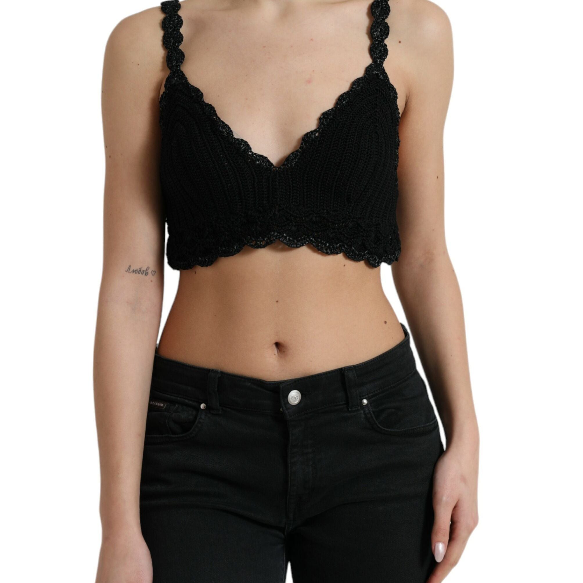 Dolce & Gabbana Black Cotton Bustier Cropped Crochet Tank Top