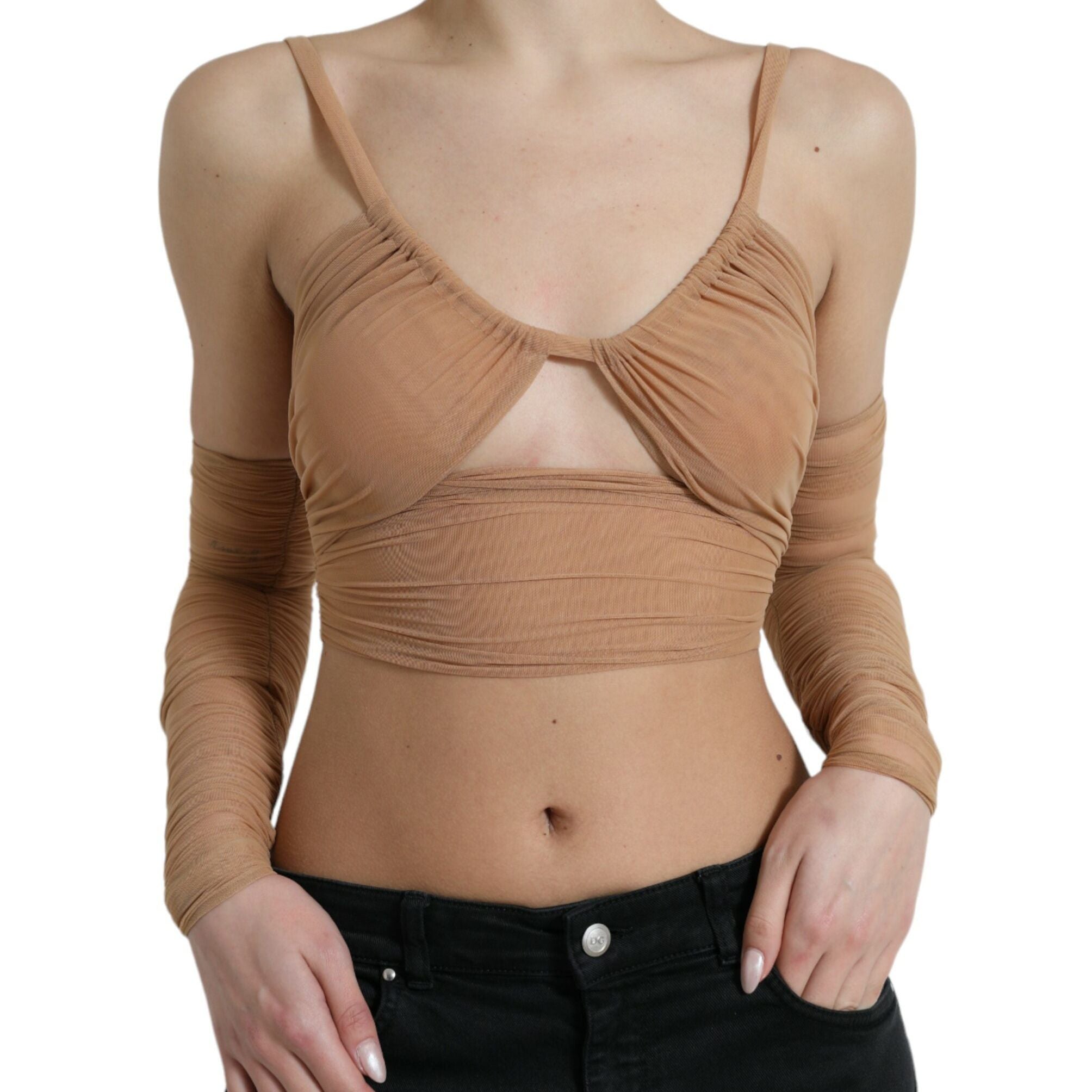 Dolce & Gabbana Brown Nylon Stretch Open Shoulder Cropped Top