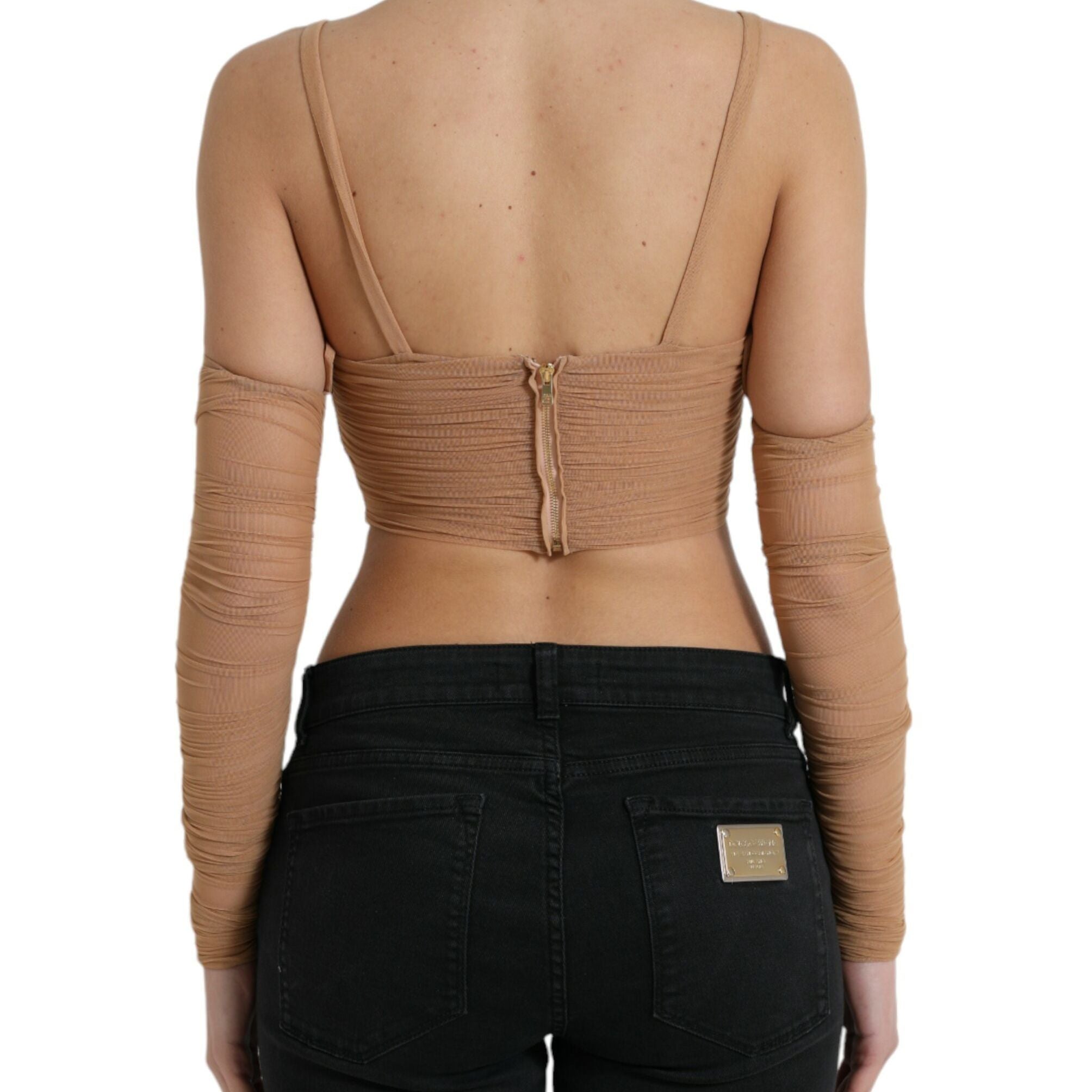Dolce & Gabbana Brown Nylon Stretch Open Shoulder Cropped Top